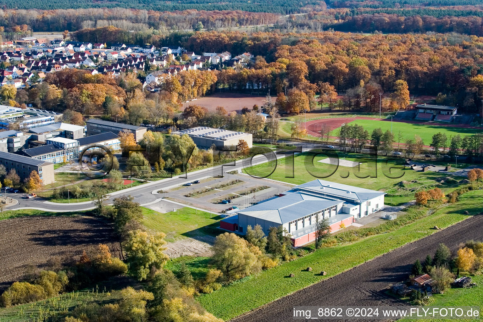 Oblique view of Bienwald Hall in Kandel in the state Rhineland-Palatinate, Germany