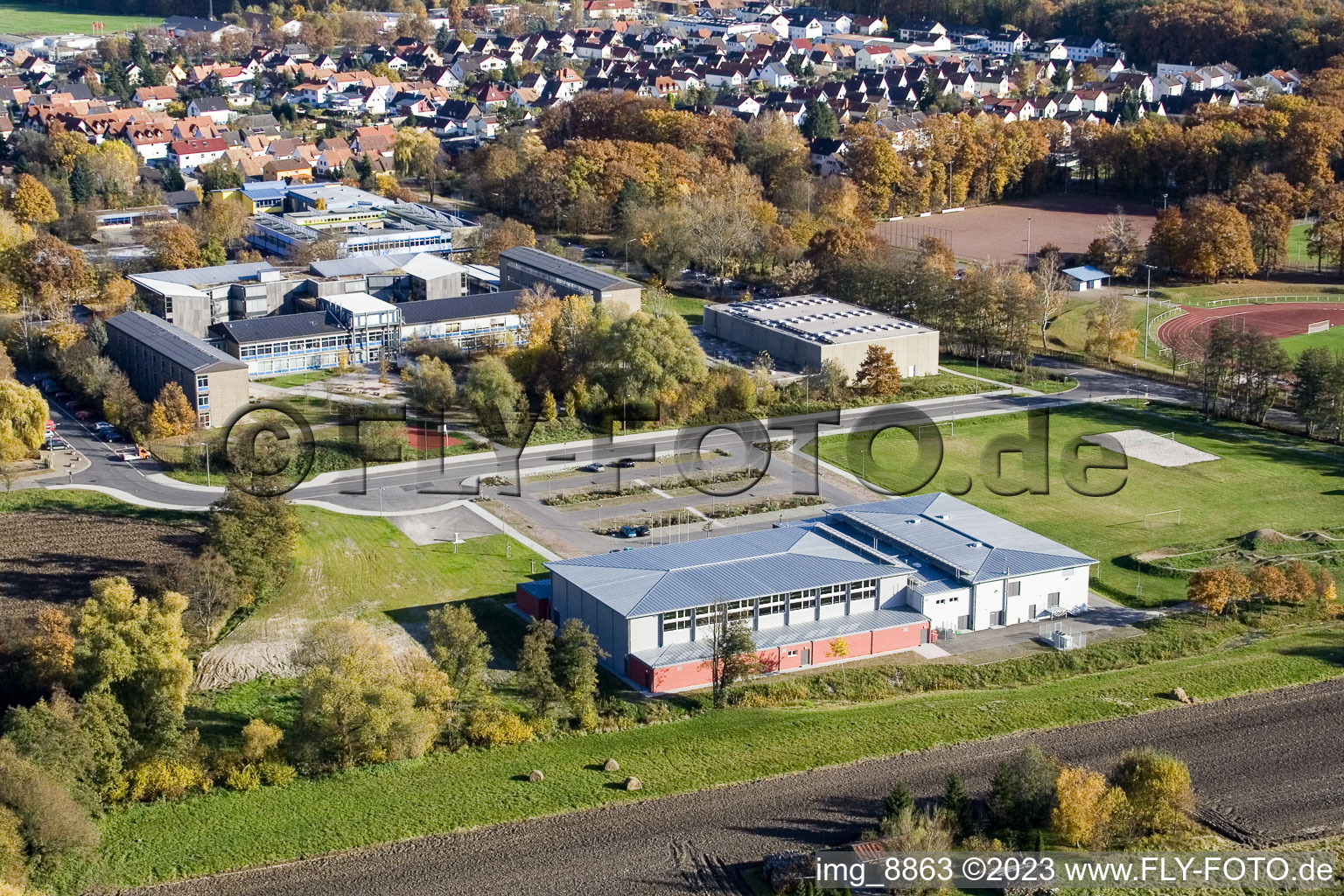 Bienwaldhalle in Kandel in the state Rhineland-Palatinate, Germany from above
