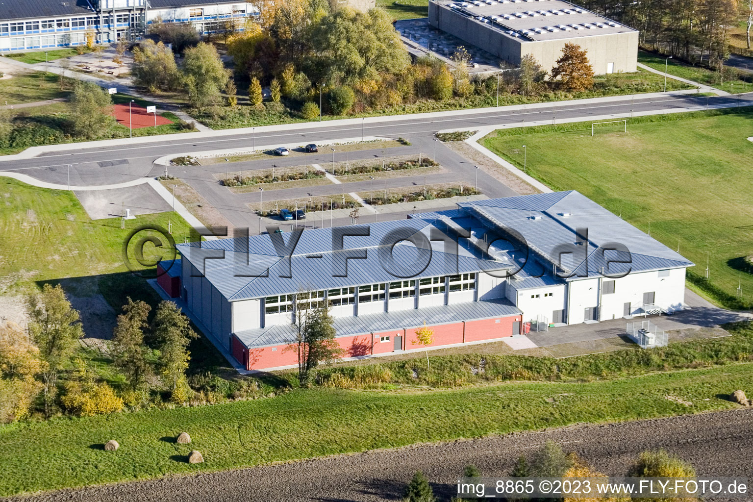 Bienwaldhalle in Kandel in the state Rhineland-Palatinate, Germany seen from above
