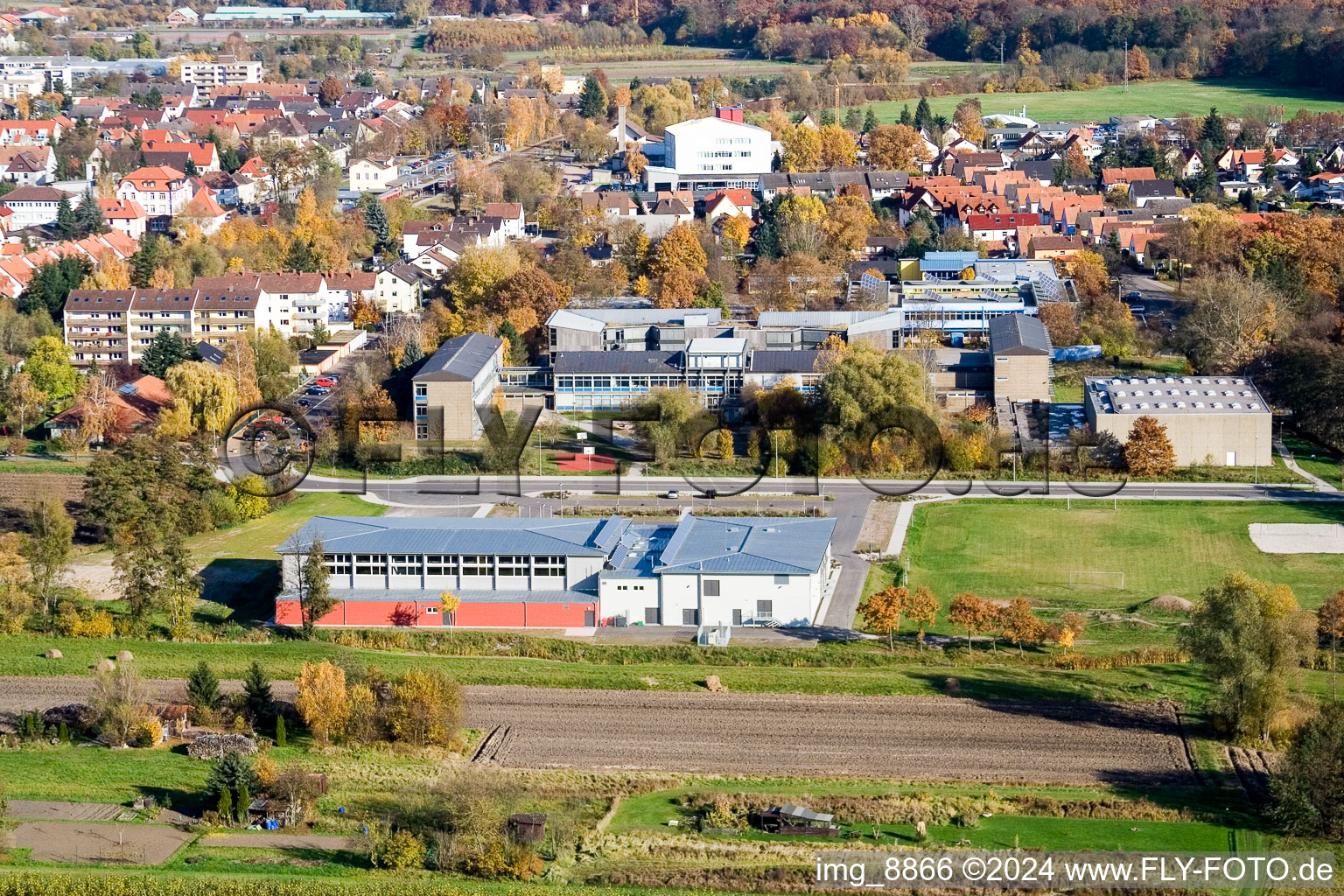 Bienwaldhalle in Kandel in the state Rhineland-Palatinate, Germany from the plane