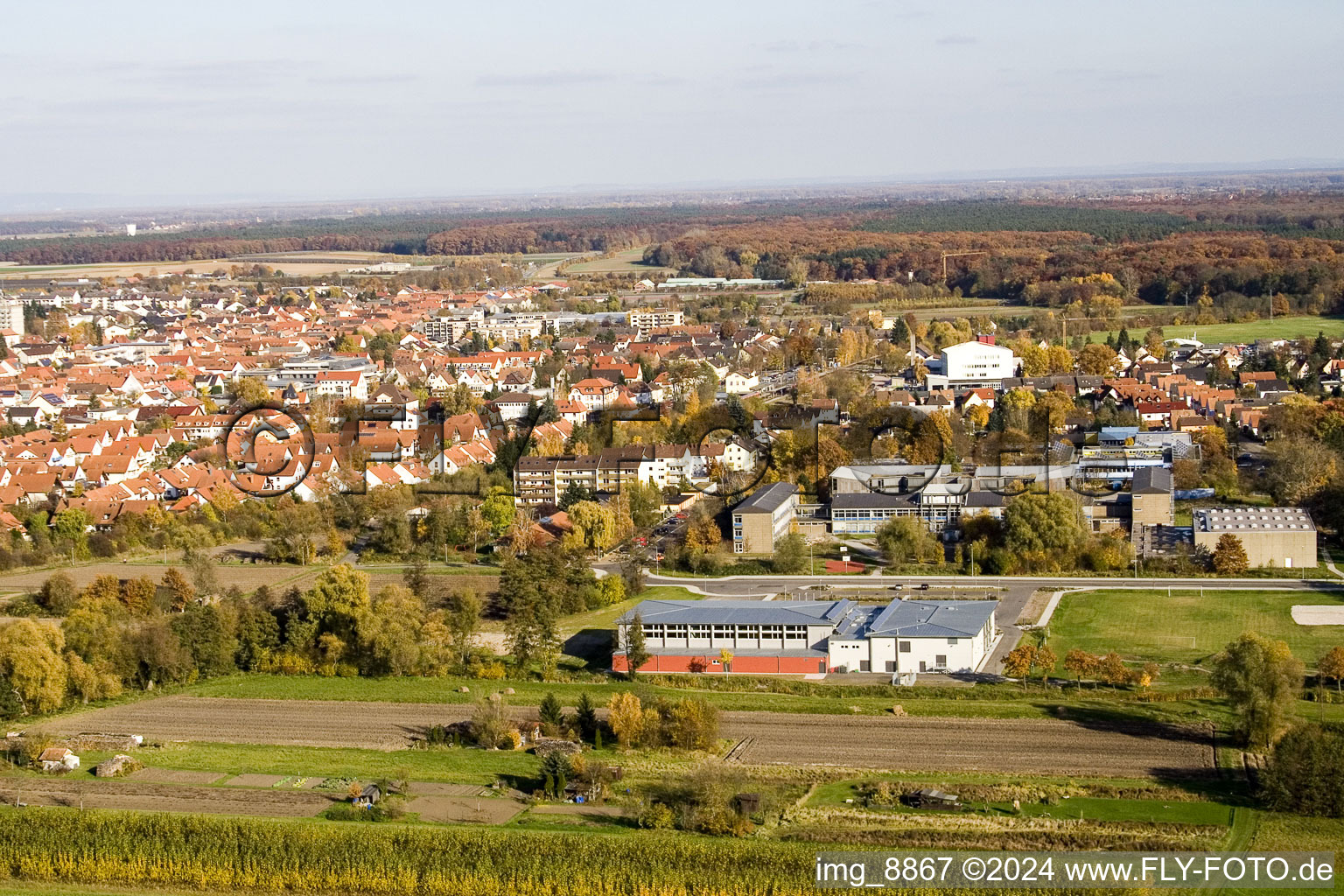 Bird's eye view of Bienwald Hall in Kandel in the state Rhineland-Palatinate, Germany