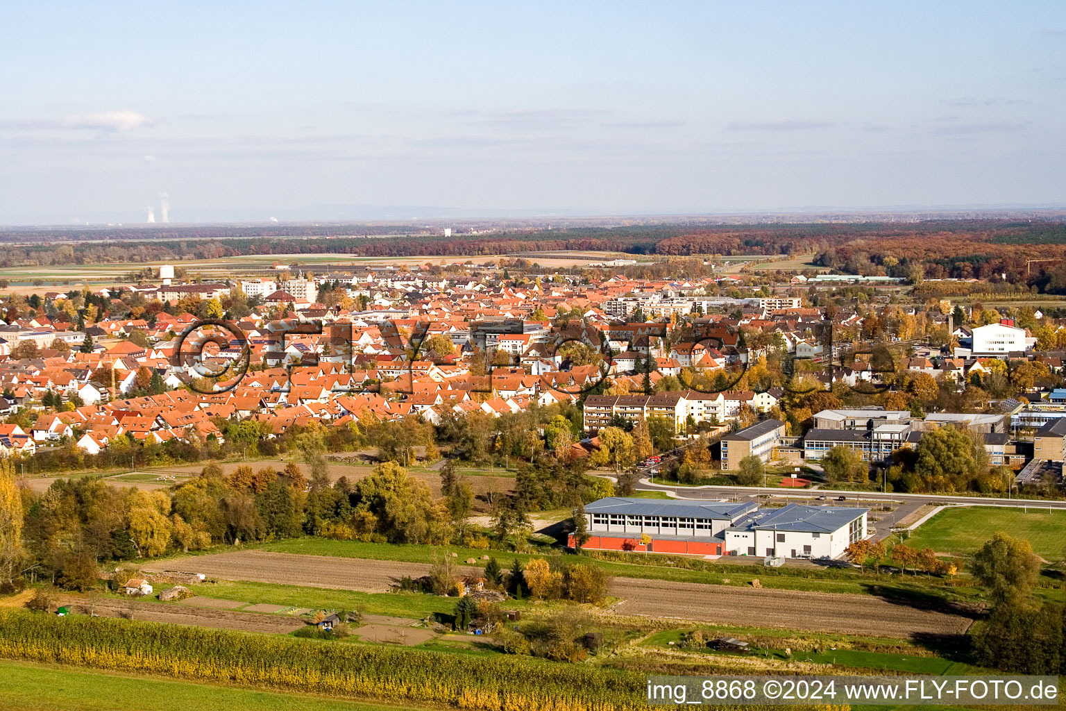 Bienwaldhalle in Kandel in the state Rhineland-Palatinate, Germany viewn from the air