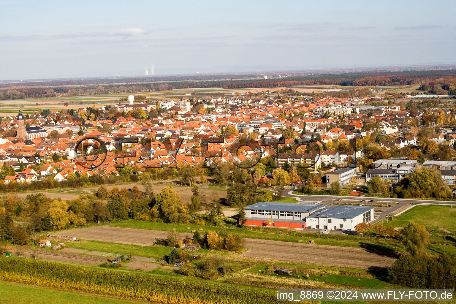 Drone recording of Bienwald Hall in Kandel in the state Rhineland-Palatinate, Germany