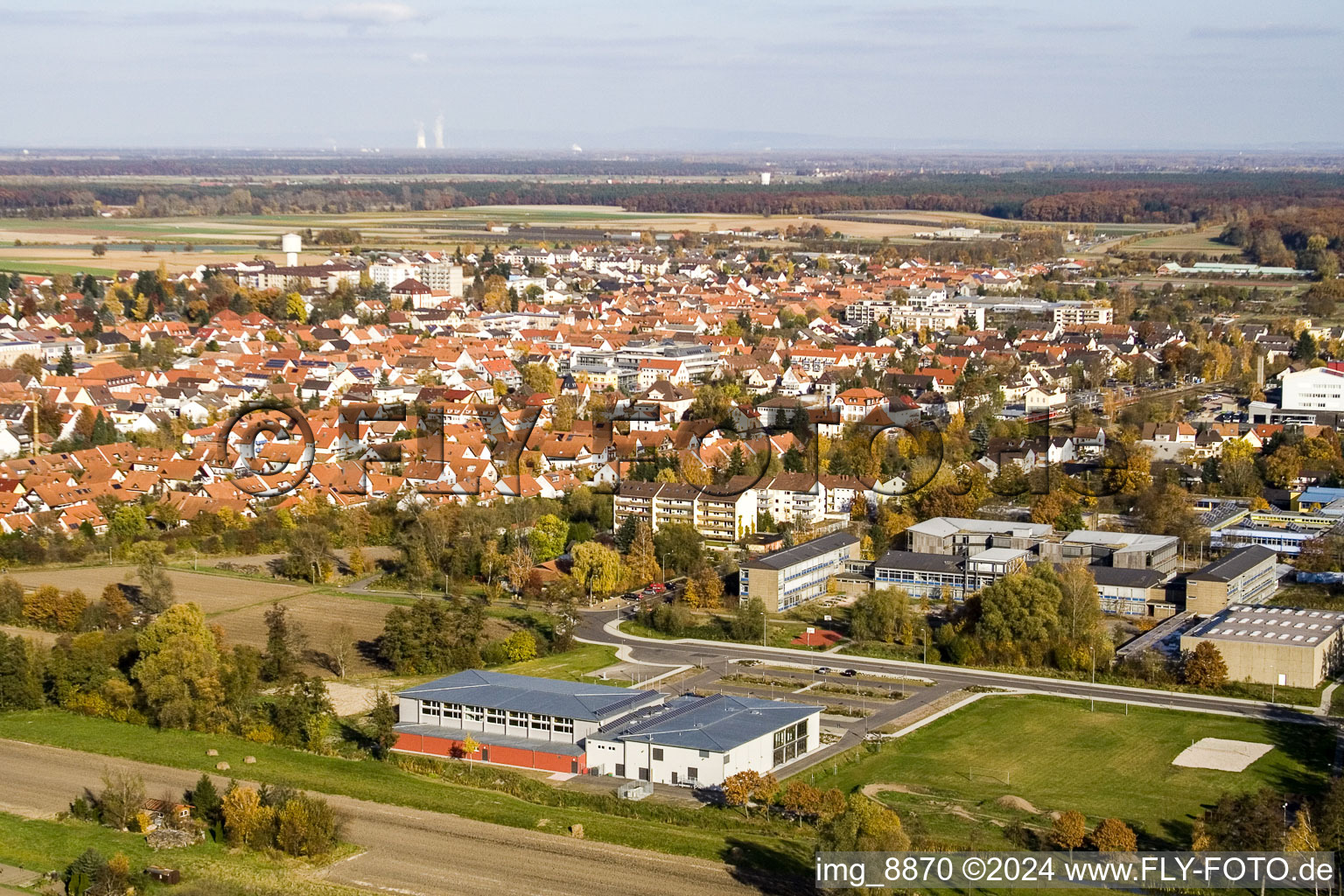 Drone image of Bienwald Hall in Kandel in the state Rhineland-Palatinate, Germany