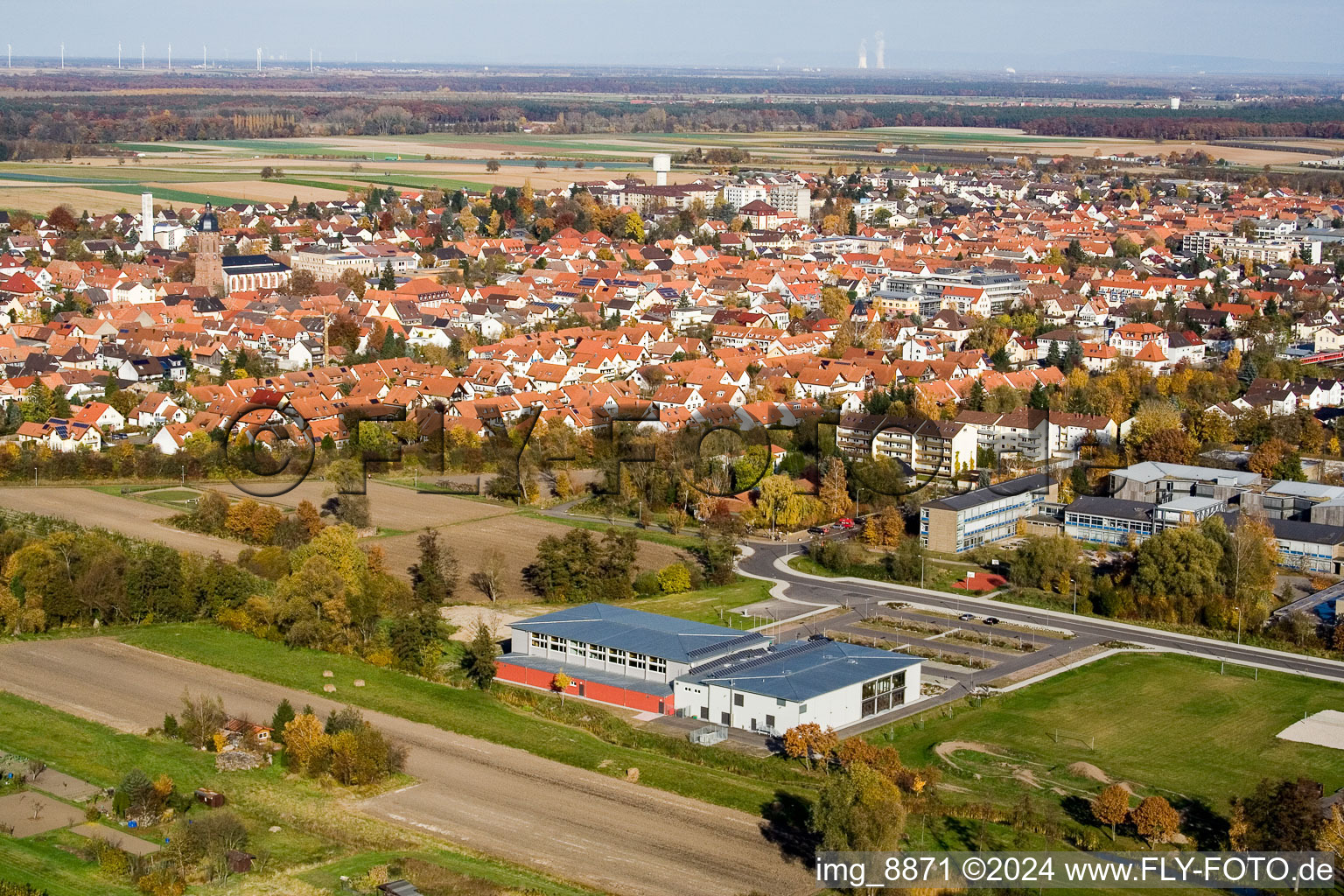 Bienwald Hall in Kandel in the state Rhineland-Palatinate, Germany from the drone perspective