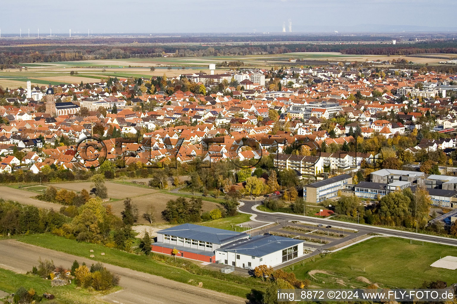 Bienwald Hall in Kandel in the state Rhineland-Palatinate, Germany from a drone