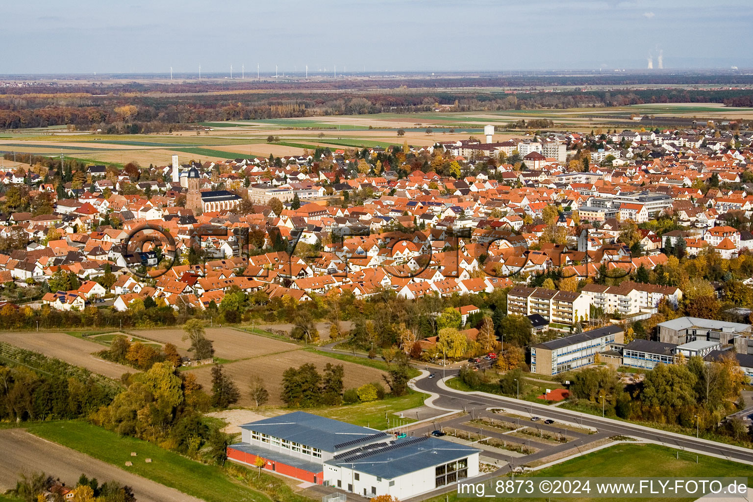 Bienwald Hall in Kandel in the state Rhineland-Palatinate, Germany seen from a drone