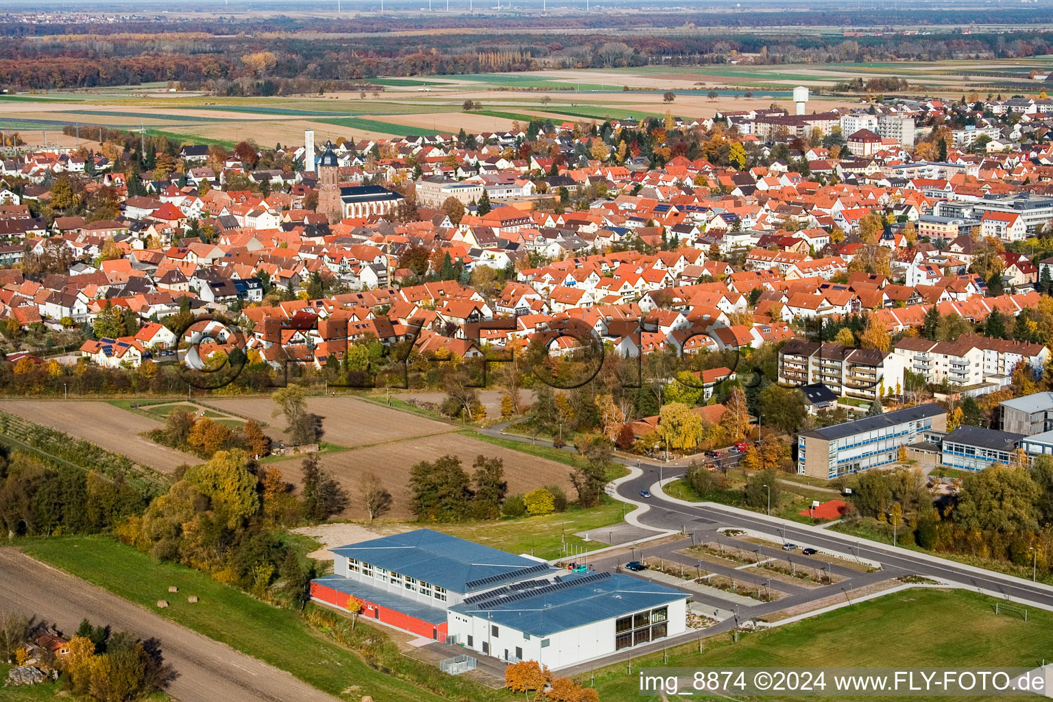 Aerial photograpy of Building of the indoor arena Bienwaldhalle in Kandel in the state Rhineland-Palatinate