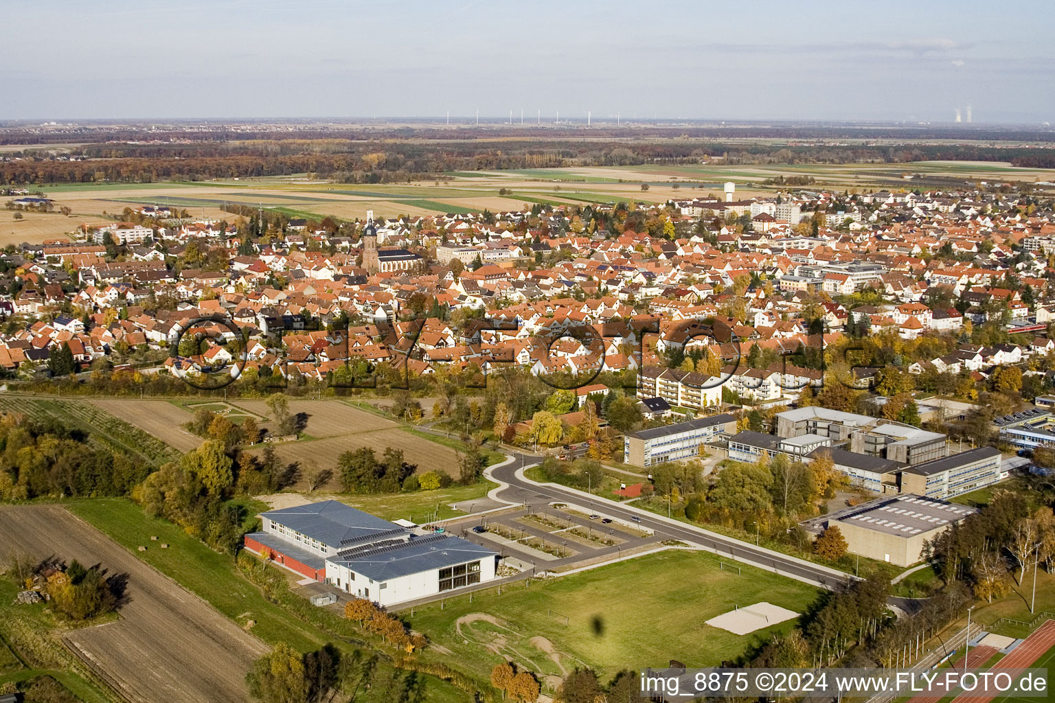 Aerial view of Bienwald Hall in Kandel in the state Rhineland-Palatinate, Germany