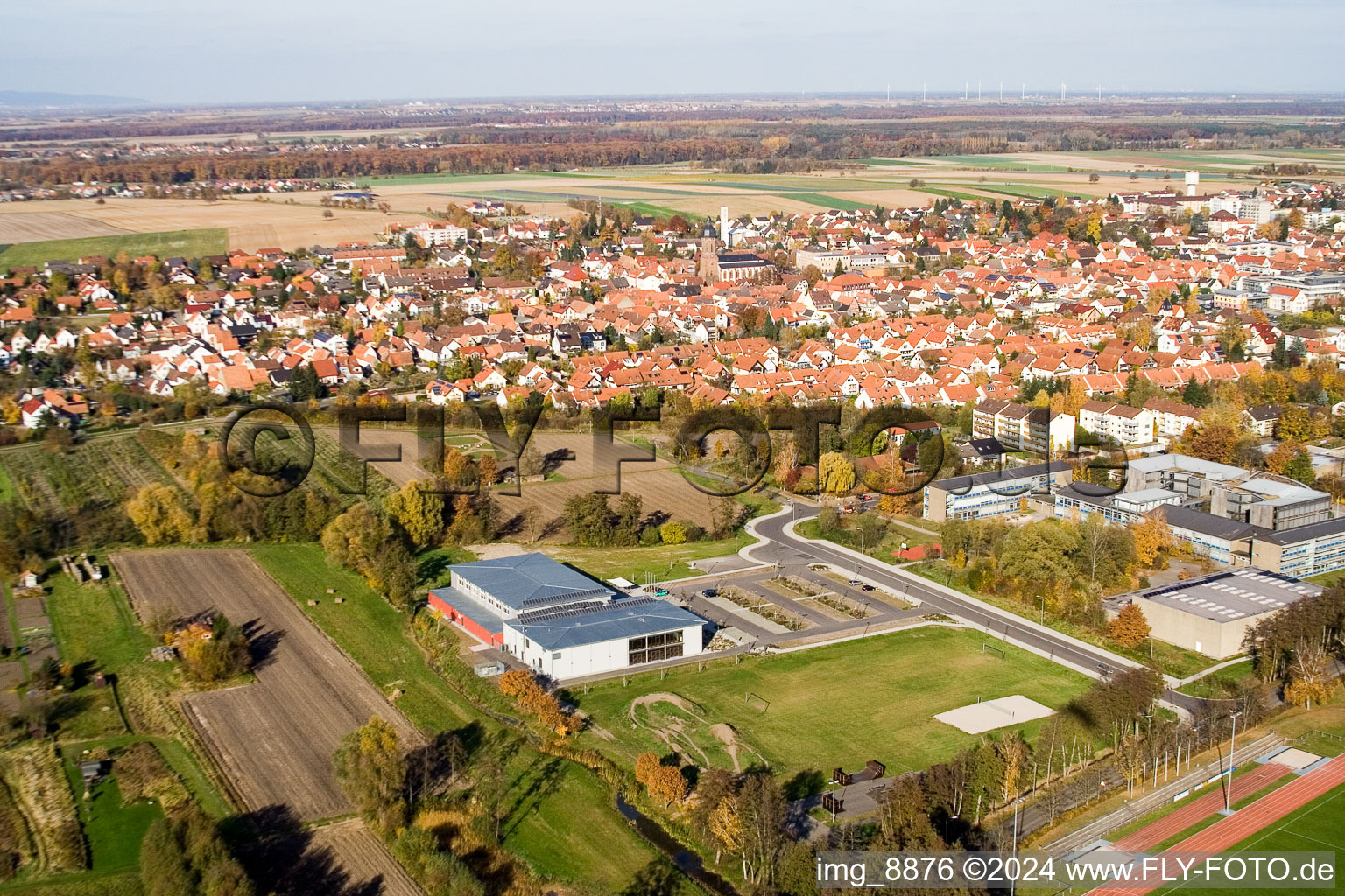 Aerial photograpy of Bienwald Hall in Kandel in the state Rhineland-Palatinate, Germany