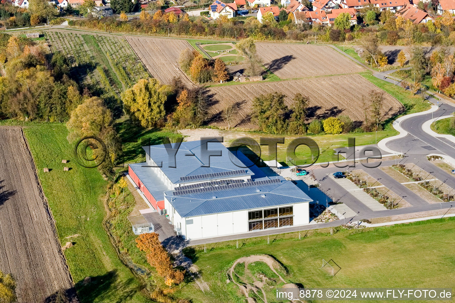 Oblique view of Bienwald Hall in Kandel in the state Rhineland-Palatinate, Germany