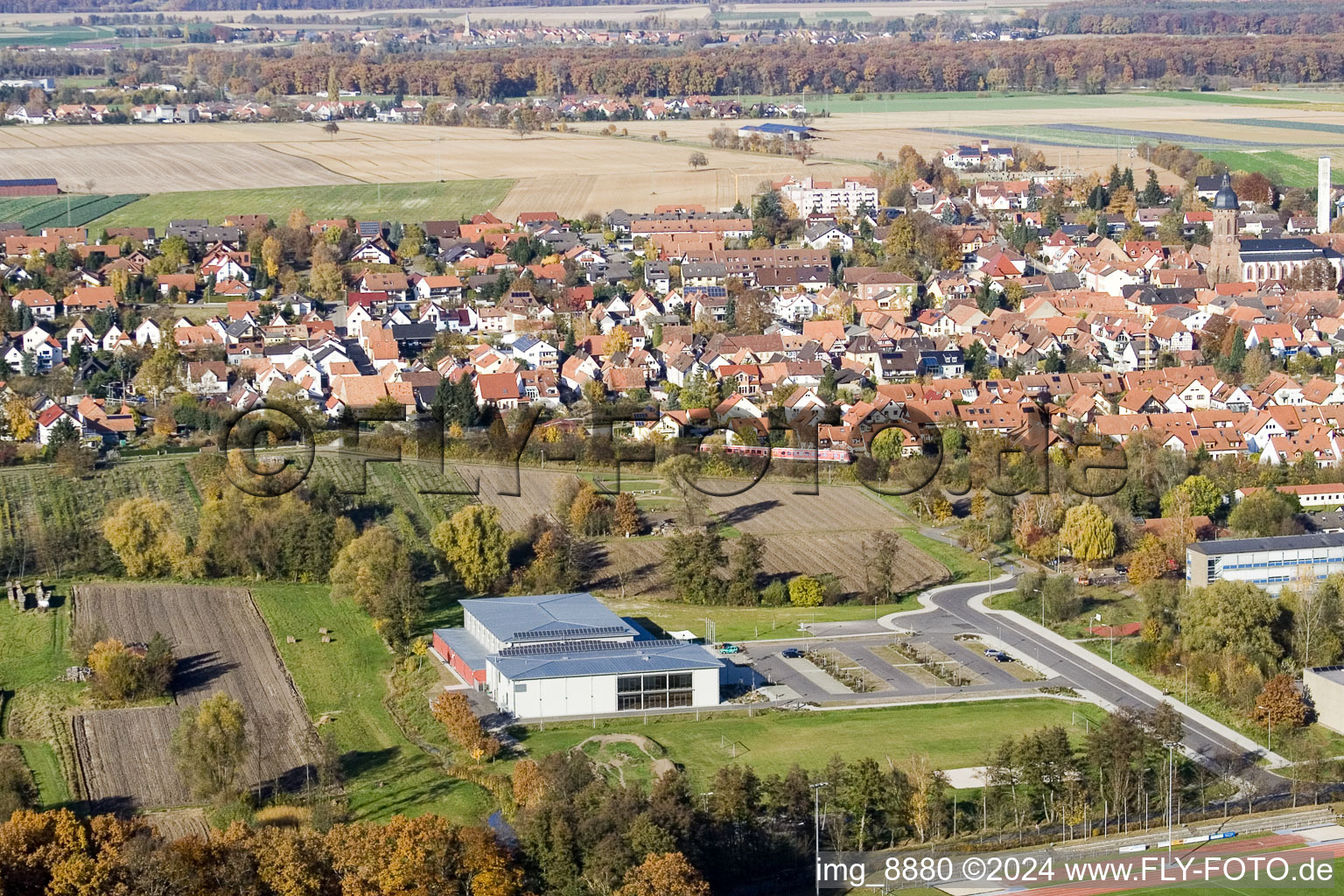 Bienwaldhalle in Kandel in the state Rhineland-Palatinate, Germany from above