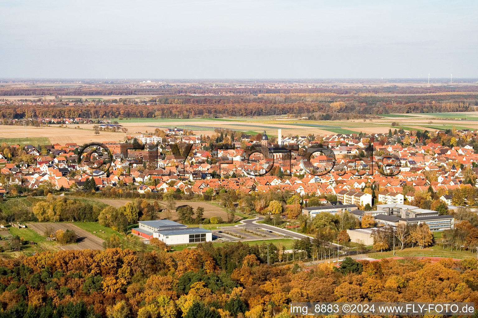 Bienwald Hall in Kandel in the state Rhineland-Palatinate, Germany seen from above