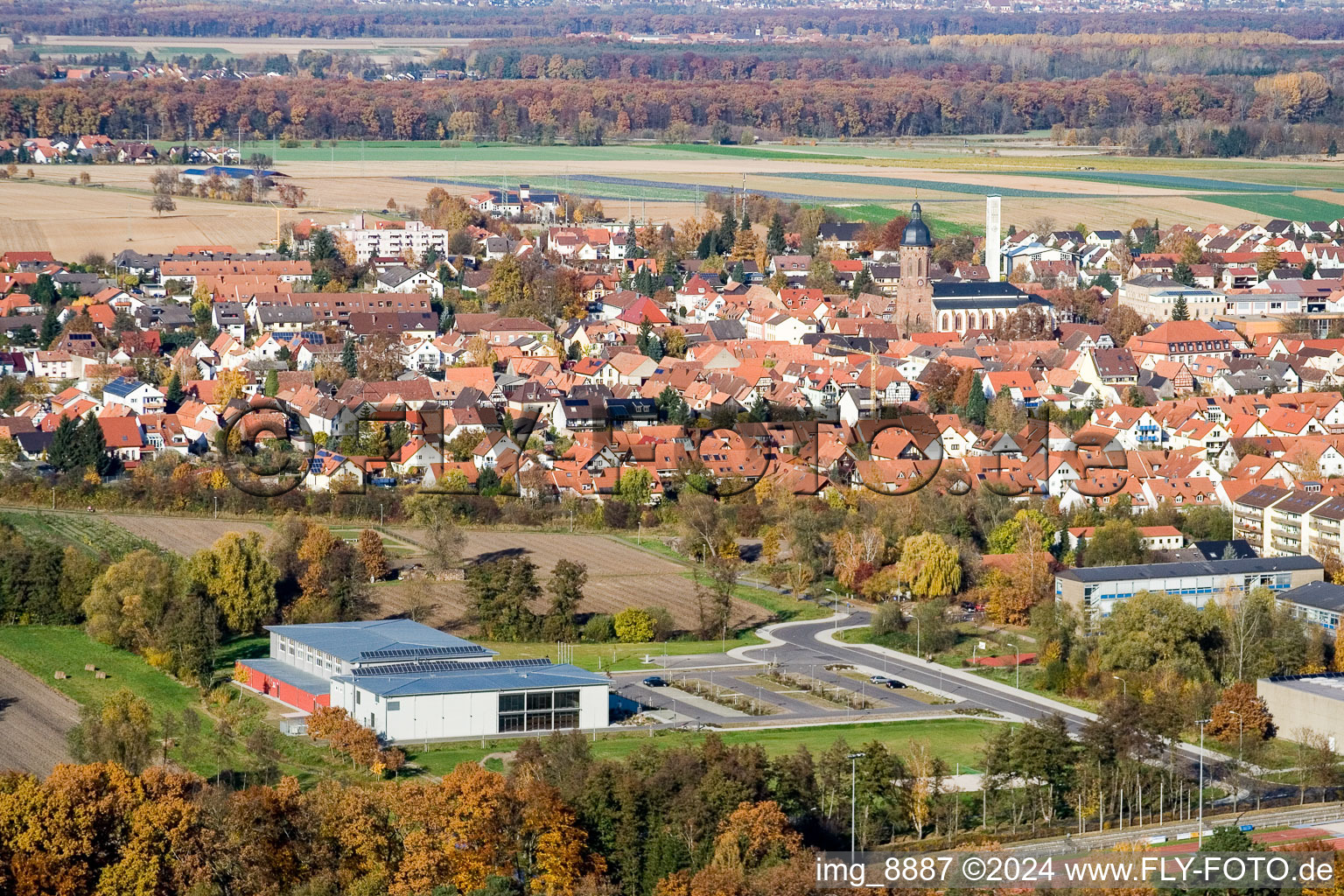 Bienwald Hall in Kandel in the state Rhineland-Palatinate, Germany from the plane