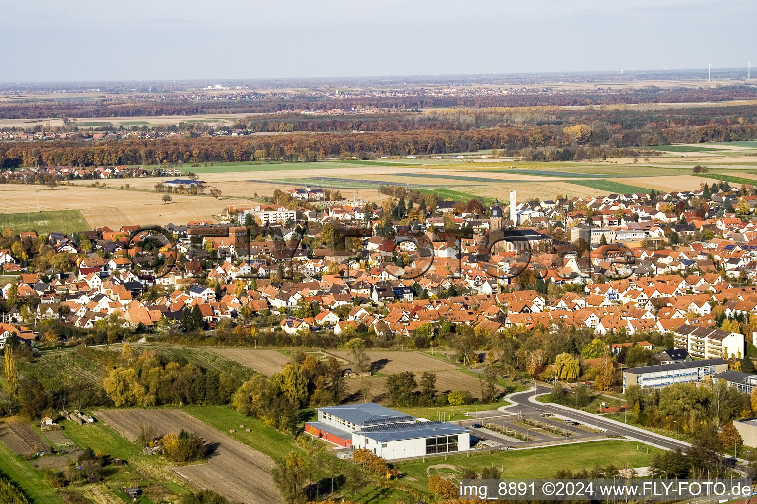 Bird's eye view of Bienwald Hall in Kandel in the state Rhineland-Palatinate, Germany