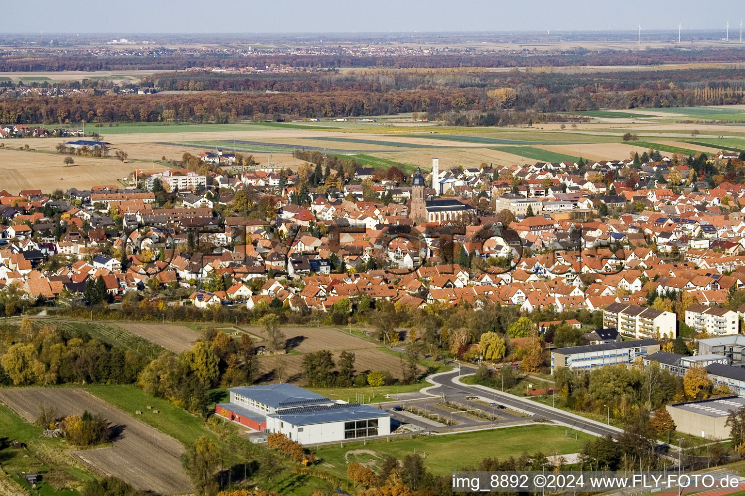 Bienwald Hall in Kandel in the state Rhineland-Palatinate, Germany viewn from the air