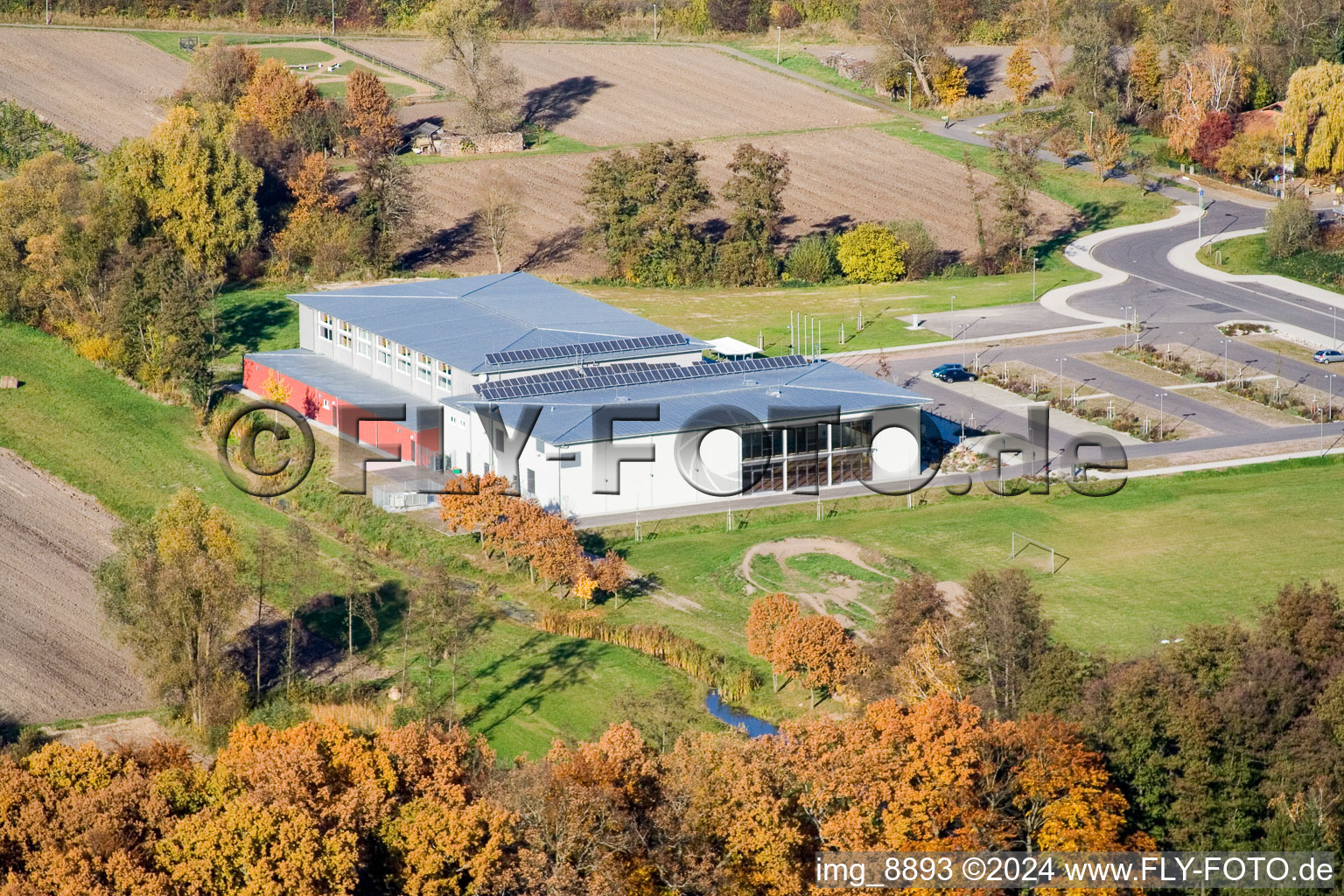 Drone recording of Bienwaldhalle in Kandel in the state Rhineland-Palatinate, Germany