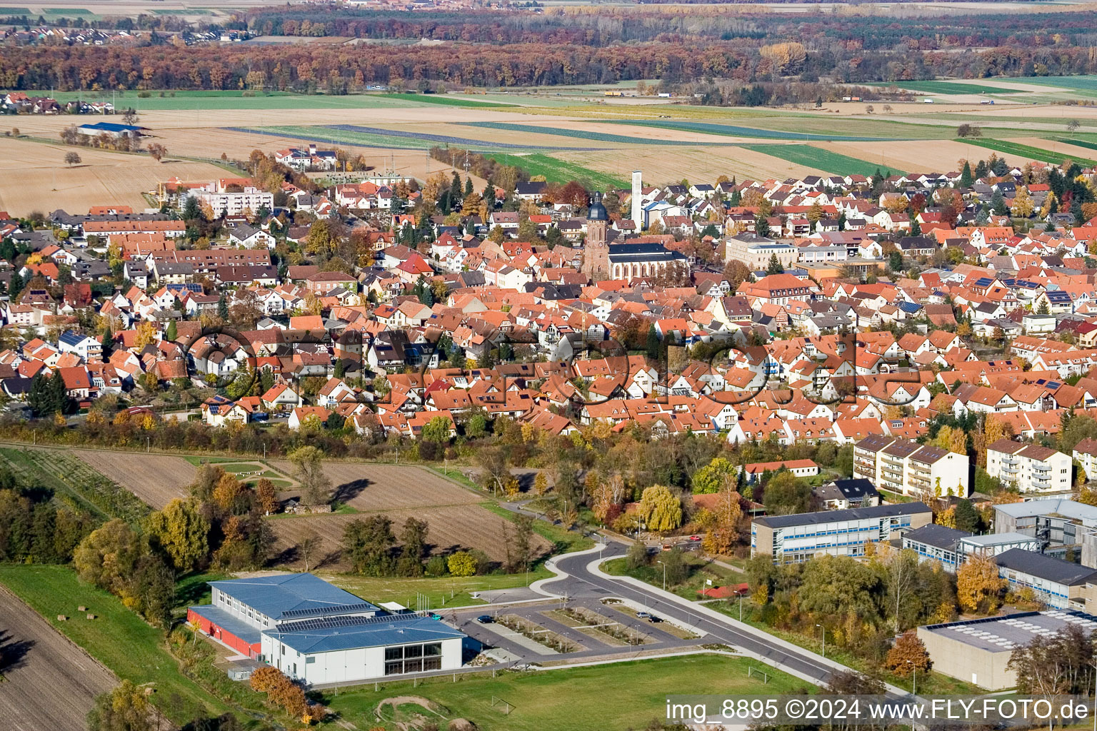 Drone image of Bienwald Hall in Kandel in the state Rhineland-Palatinate, Germany