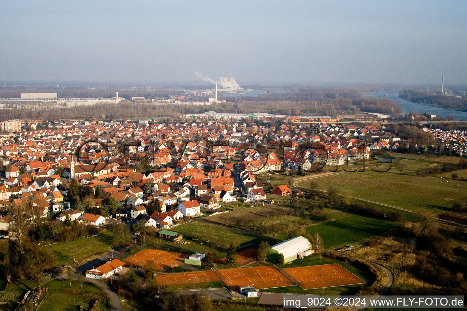 Aerial view of District Maximiliansau in Wörth am Rhein in the state Rhineland-Palatinate, Germany