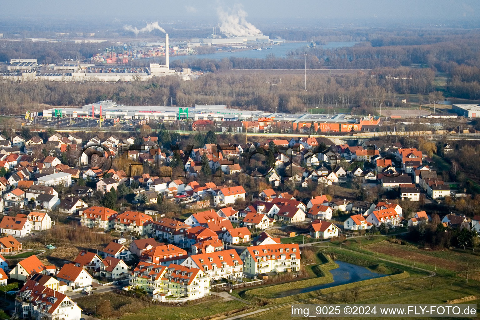 Aerial photograpy of District Maximiliansau in Wörth am Rhein in the state Rhineland-Palatinate, Germany