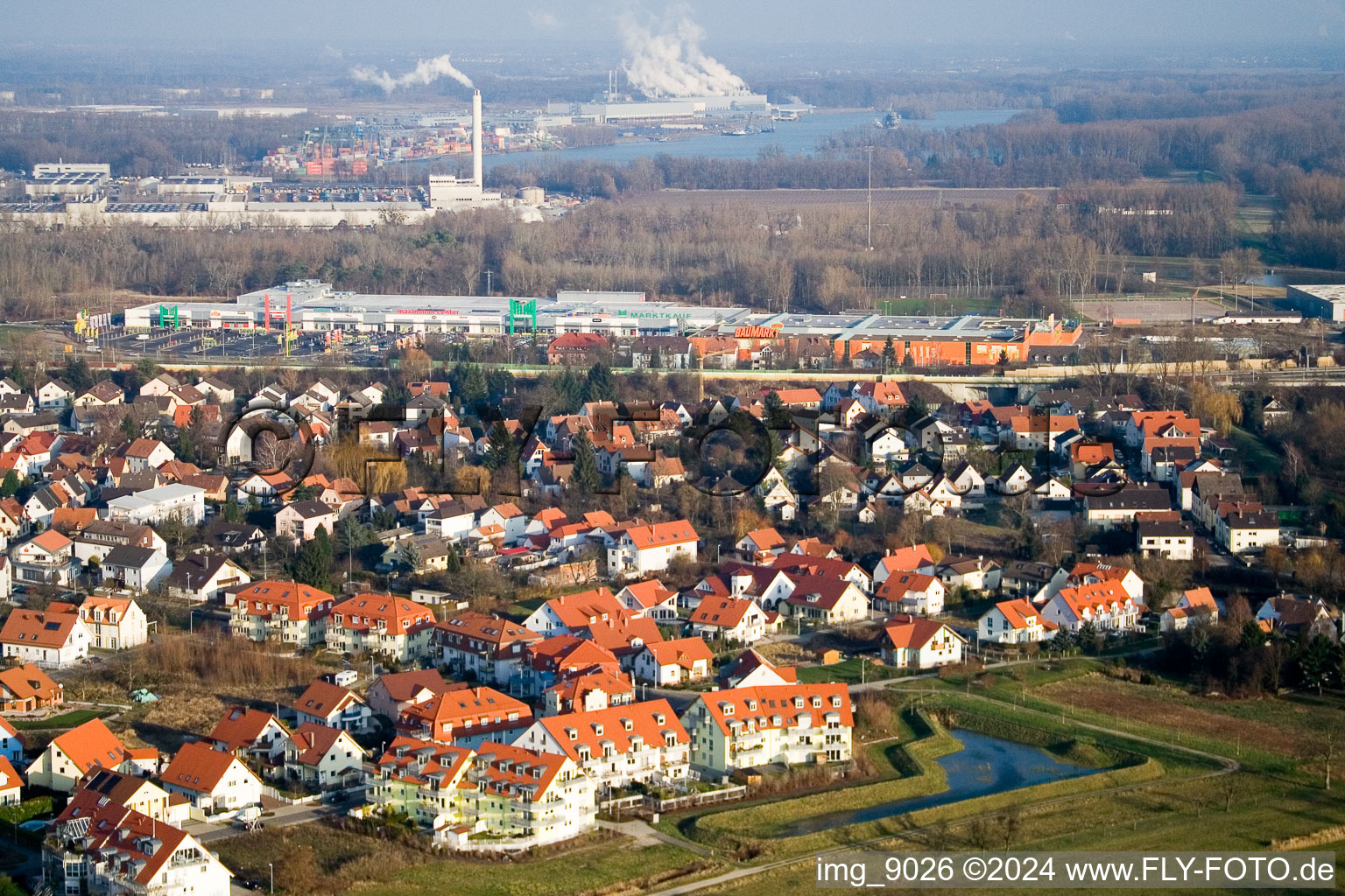 Oblique view of District Maximiliansau in Wörth am Rhein in the state Rhineland-Palatinate, Germany