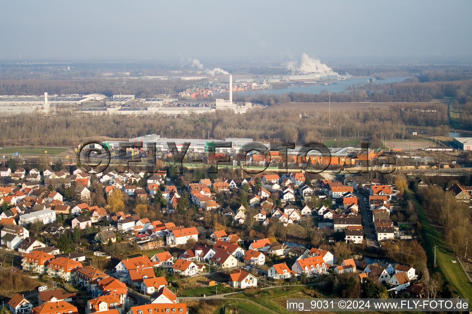 District Maximiliansau in Wörth am Rhein in the state Rhineland-Palatinate, Germany out of the air