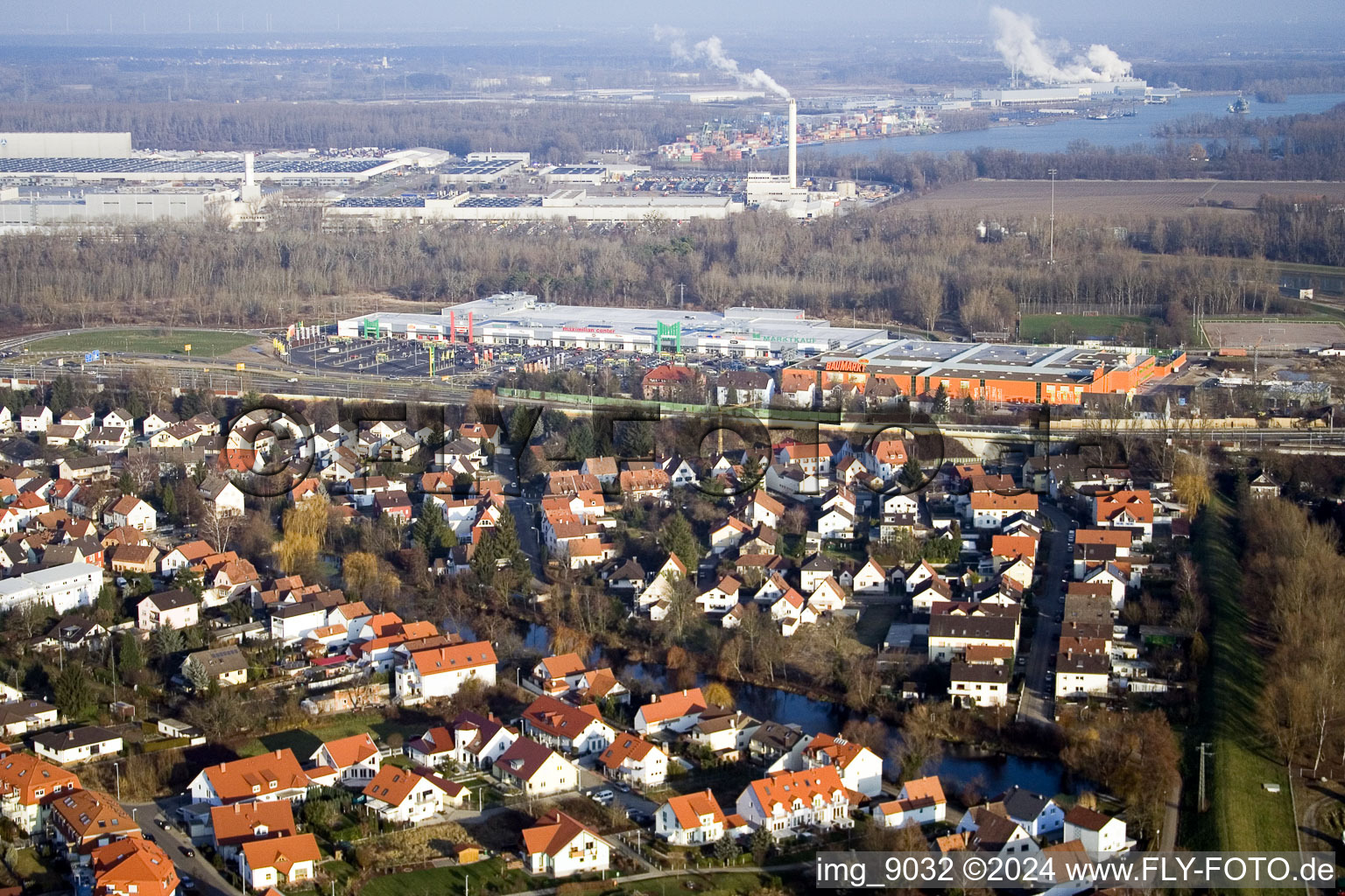 Maximilian Center in the district Maximiliansau in Wörth am Rhein in the state Rhineland-Palatinate, Germany from above