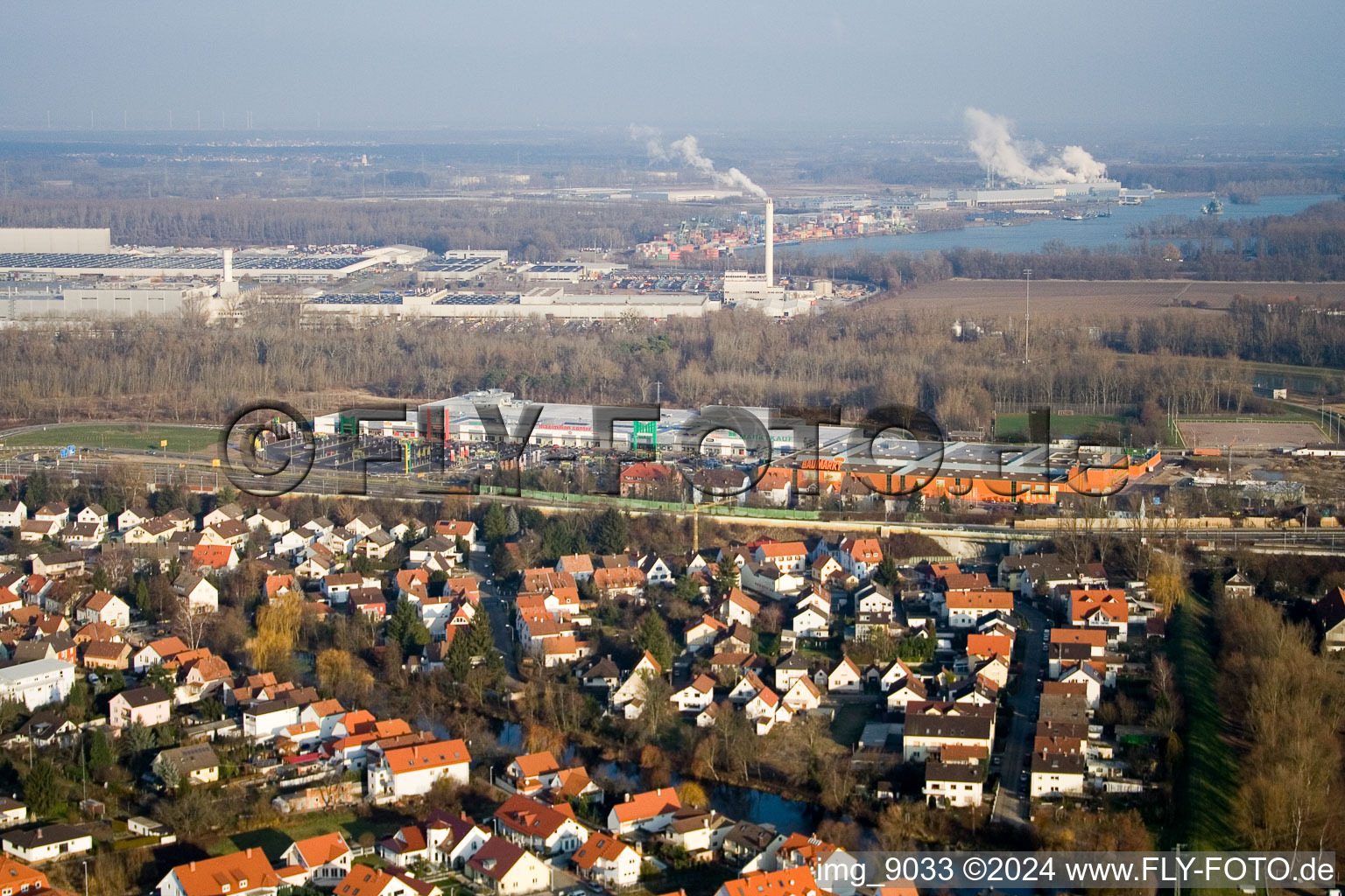 Maximilian Center in the district Maximiliansau in Wörth am Rhein in the state Rhineland-Palatinate, Germany out of the air