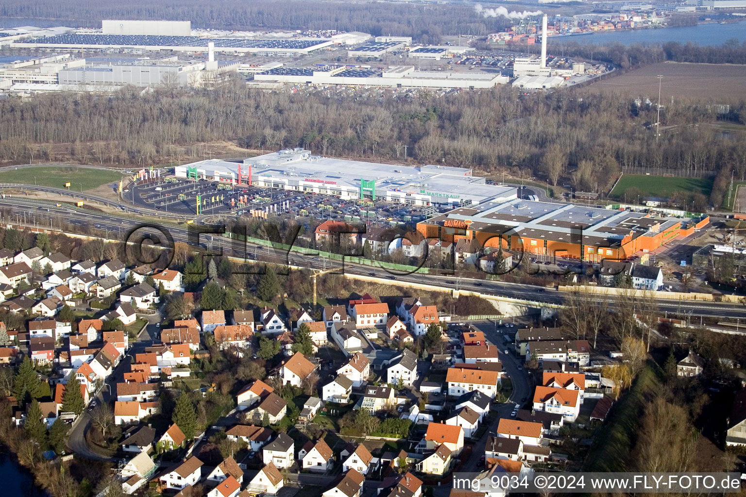 Maximilian Center in the district Maximiliansau in Wörth am Rhein in the state Rhineland-Palatinate, Germany seen from above