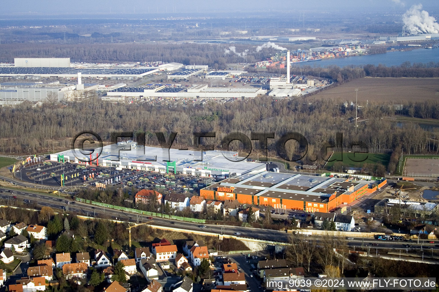 Drone recording of Maximilian Center in the district Maximiliansau in Wörth am Rhein in the state Rhineland-Palatinate, Germany