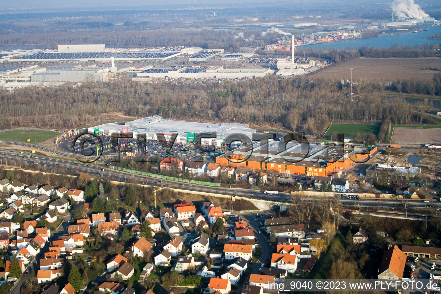 Drone image of Maximilian Center in the district Maximiliansau in Wörth am Rhein in the state Rhineland-Palatinate, Germany
