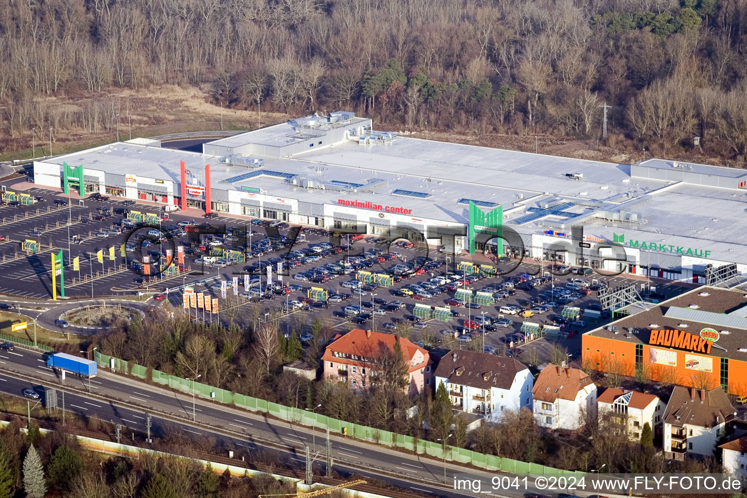 Maximilian Center in the district Maximiliansau in Wörth am Rhein in the state Rhineland-Palatinate, Germany from the drone perspective