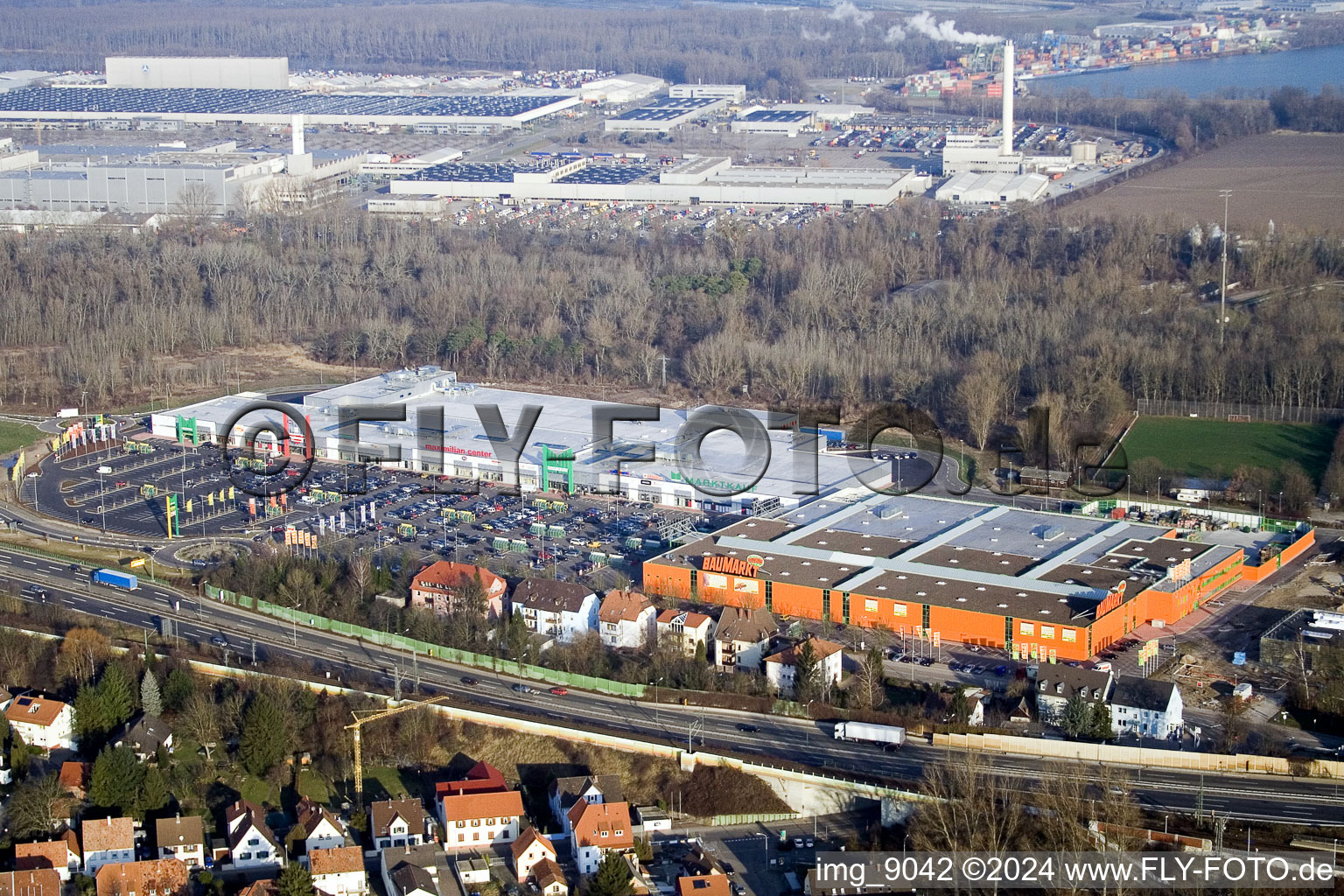 Maximilian Center in the district Maximiliansau in Wörth am Rhein in the state Rhineland-Palatinate, Germany from a drone