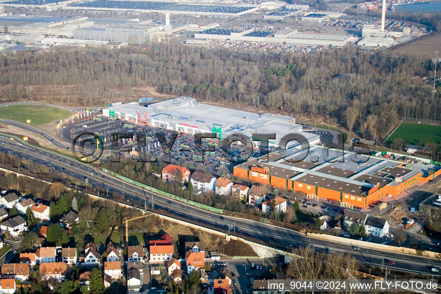 Aerial view of Maximilian Center in the district Maximiliansau in Wörth am Rhein in the state Rhineland-Palatinate, Germany