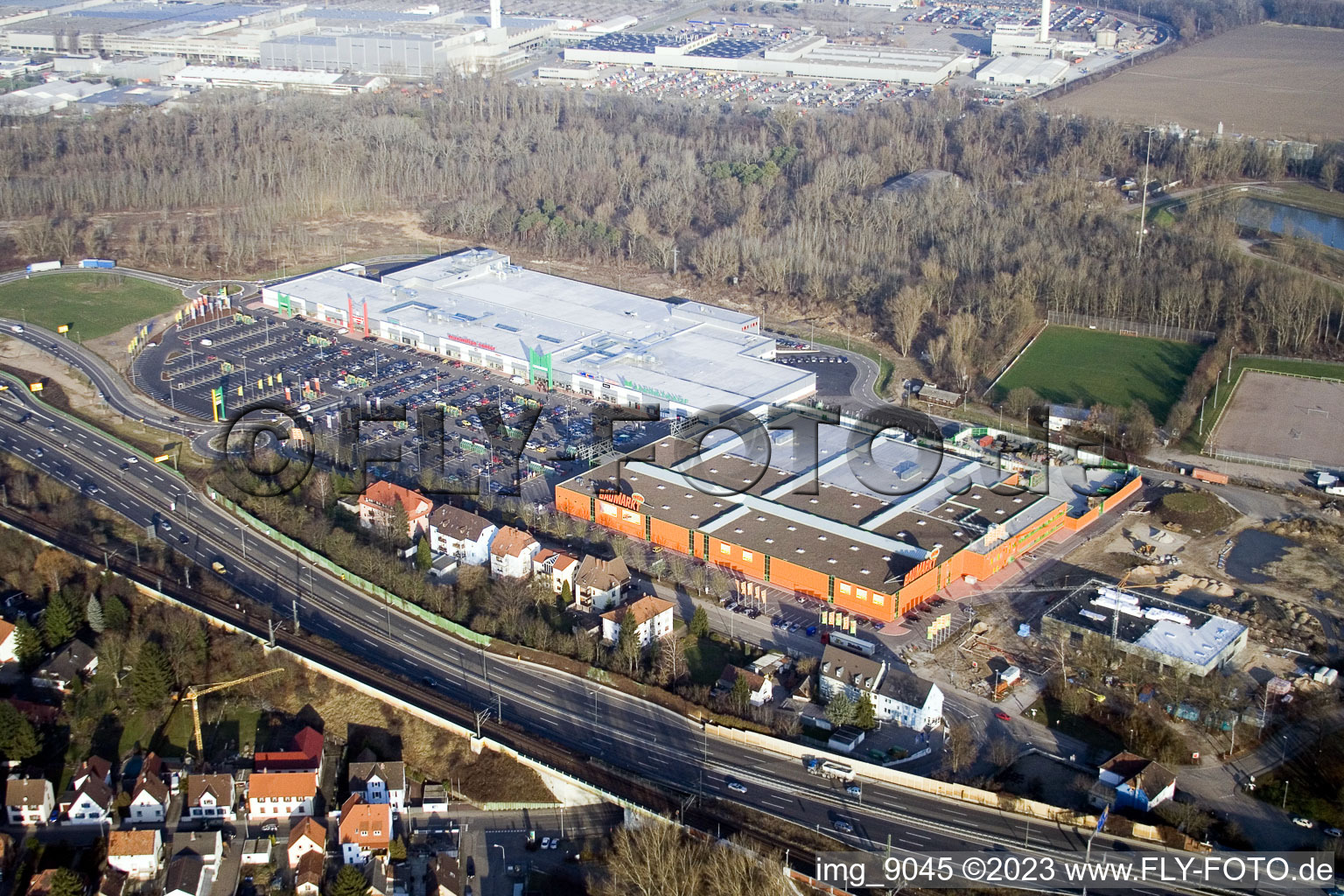 Aerial photograpy of Maximilian Center in the district Maximiliansau in Wörth am Rhein in the state Rhineland-Palatinate, Germany