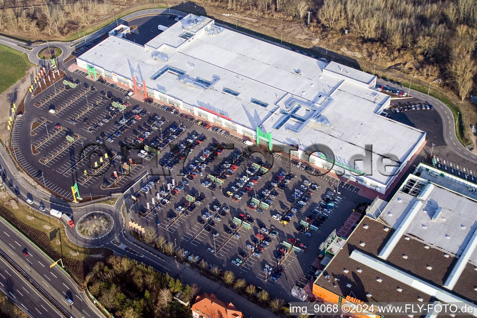 Maximilian Center in the district Maximiliansau in Wörth am Rhein in the state Rhineland-Palatinate, Germany from the drone perspective