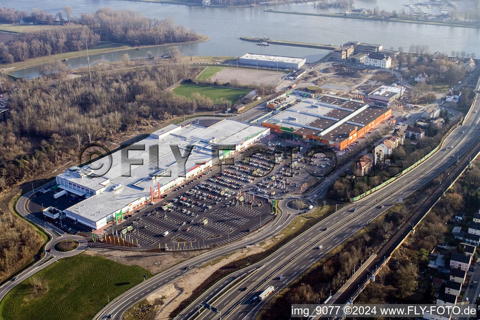 Aerial view of Building of the shopping center Maximilian-Center in the district Maximilian-Center in Woerth am Rhein in the state Rhineland-Palatinate, Germany