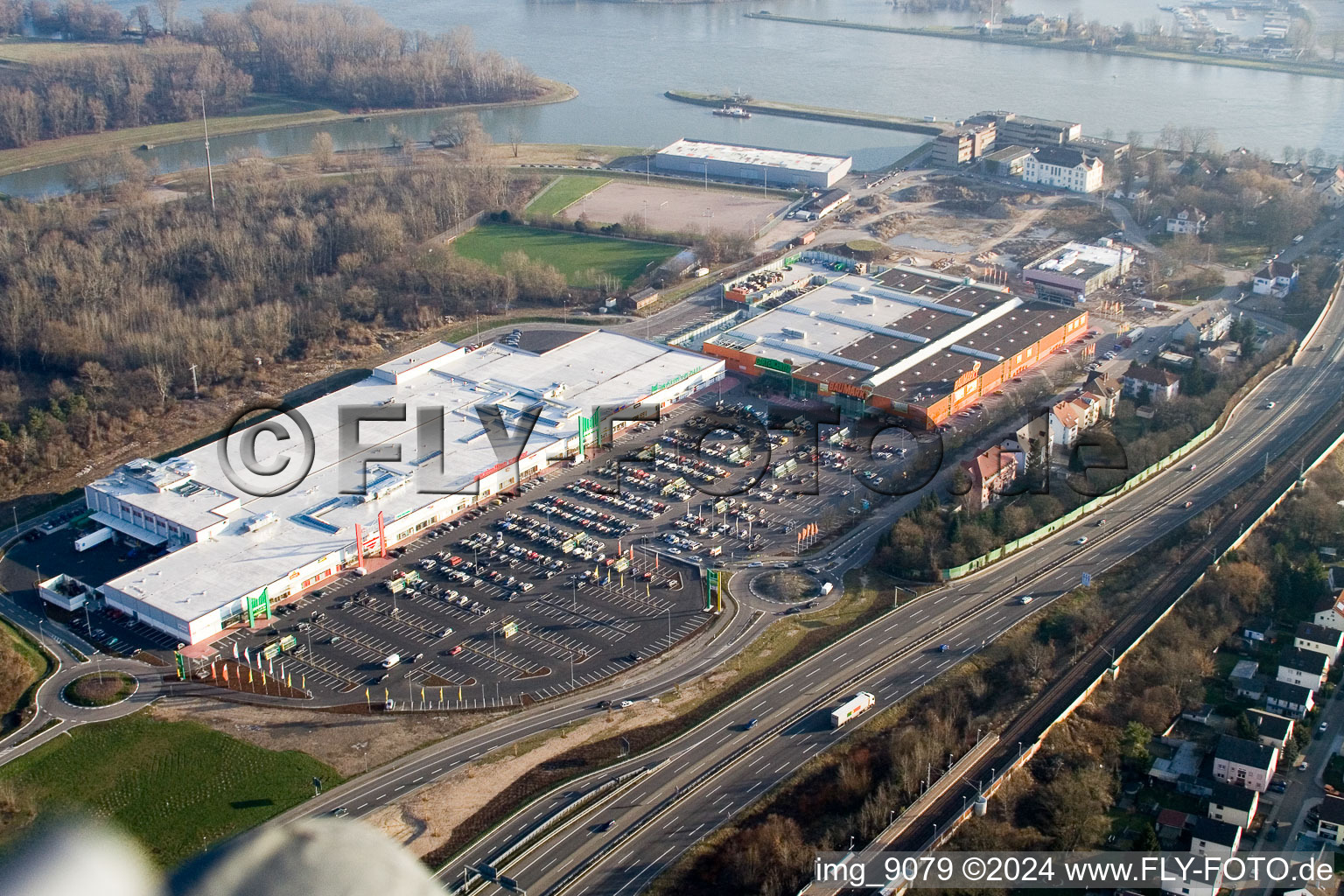 Maximilian Center in the district Maximiliansau in Wörth am Rhein in the state Rhineland-Palatinate, Germany from above