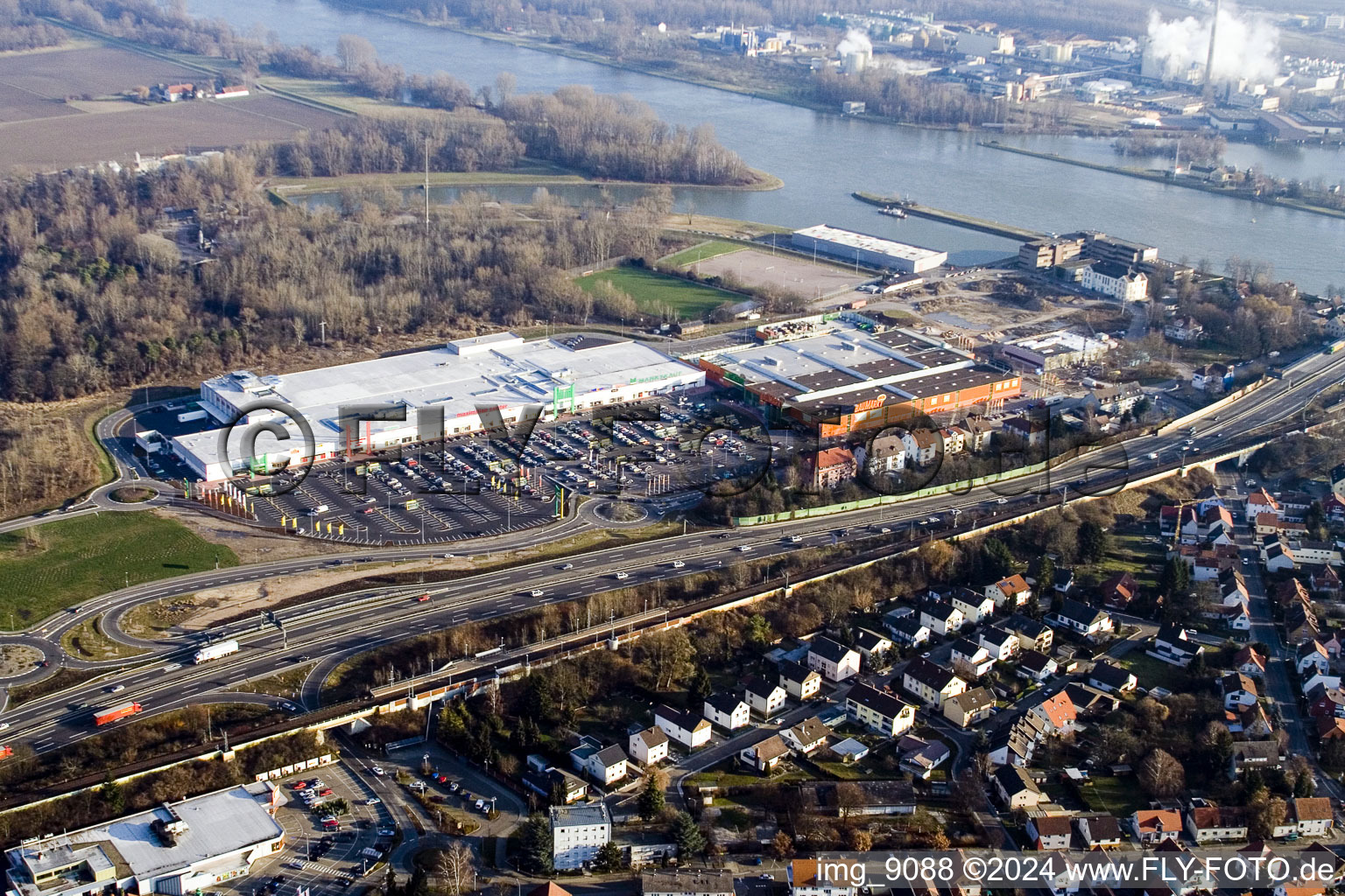 Drone recording of Maximilian Center in the district Maximiliansau in Wörth am Rhein in the state Rhineland-Palatinate, Germany