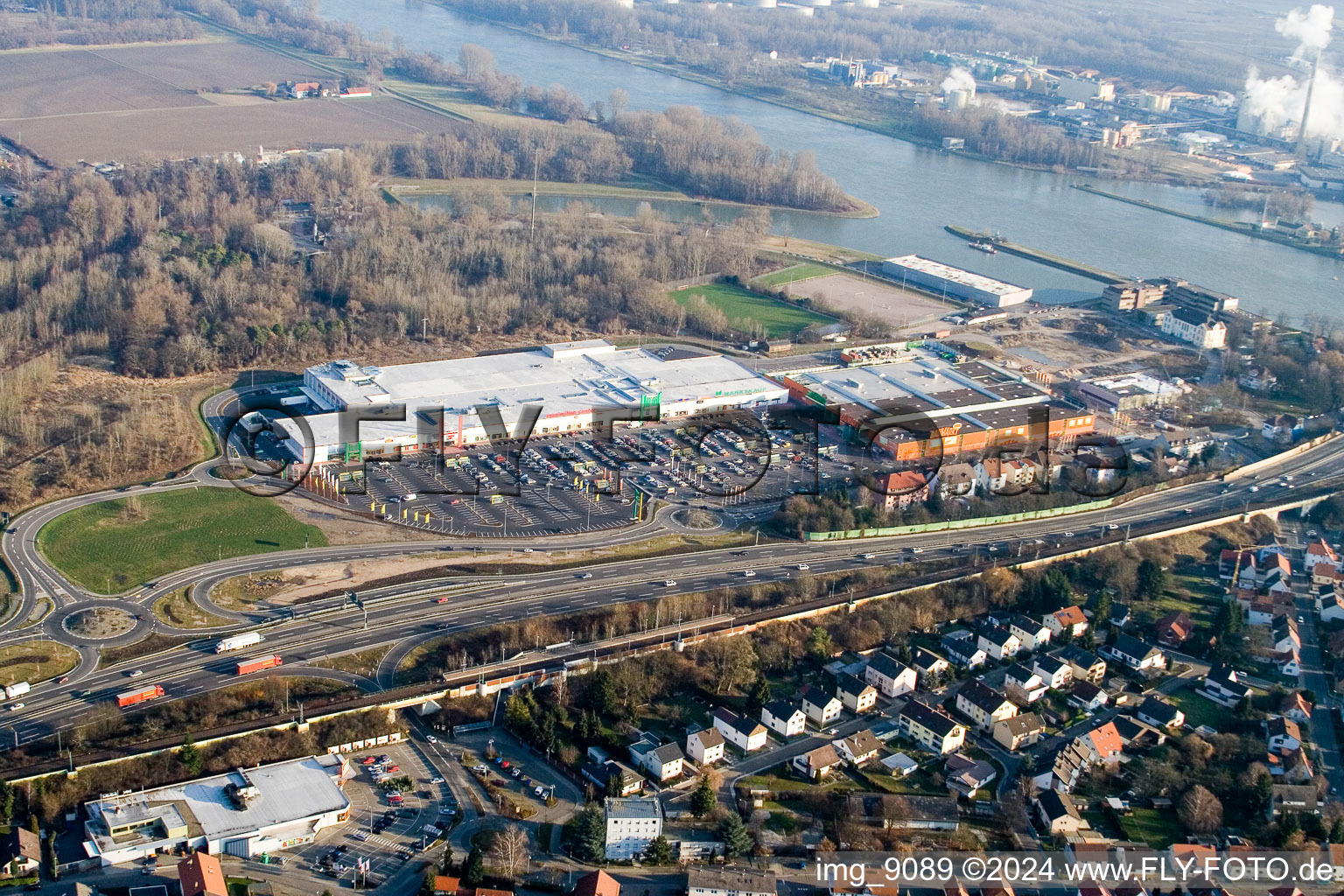 Drone image of Maximilian Center in the district Maximiliansau in Wörth am Rhein in the state Rhineland-Palatinate, Germany