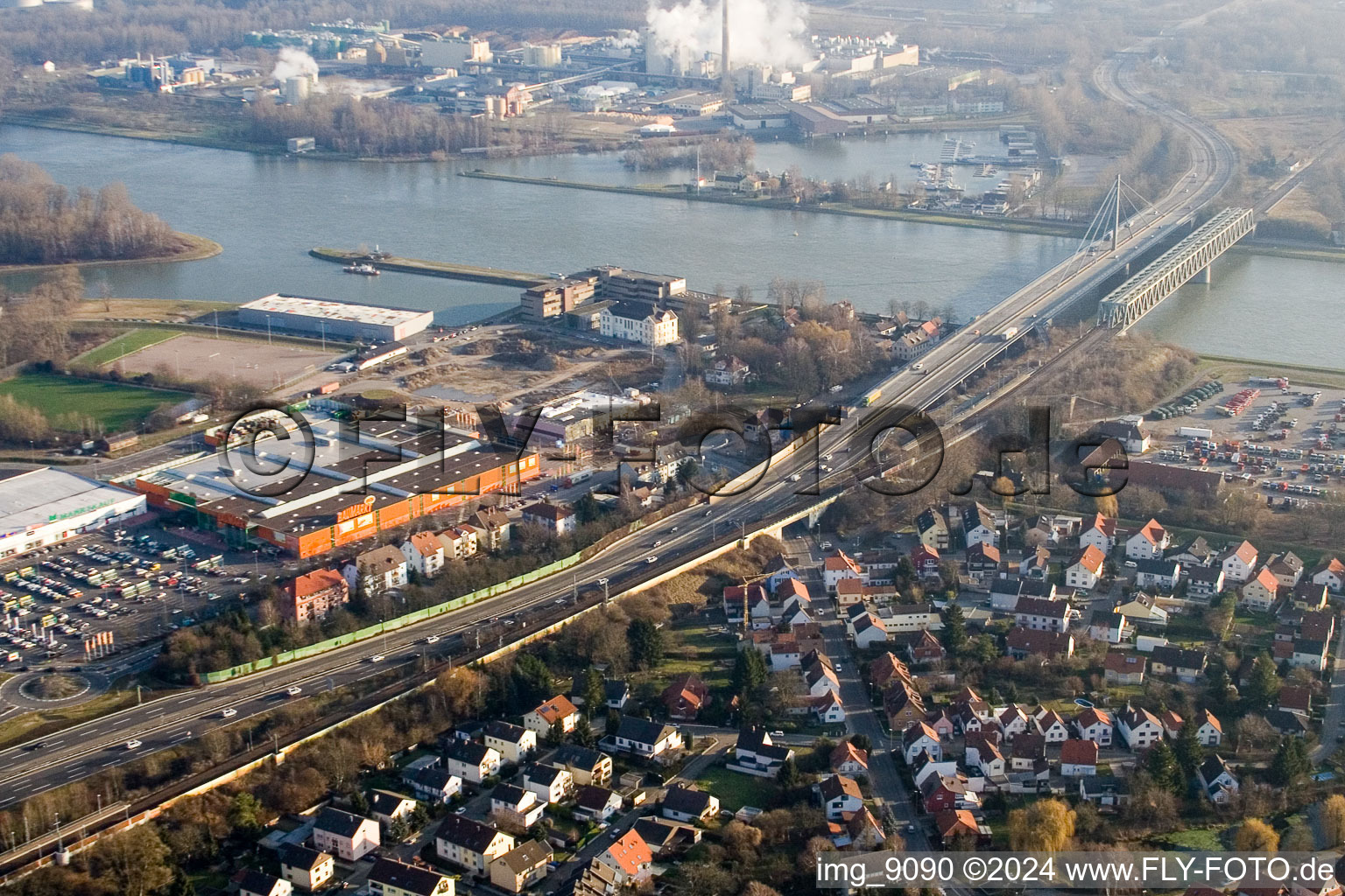 Maximilian Center in the district Maximiliansau in Wörth am Rhein in the state Rhineland-Palatinate, Germany from the drone perspective