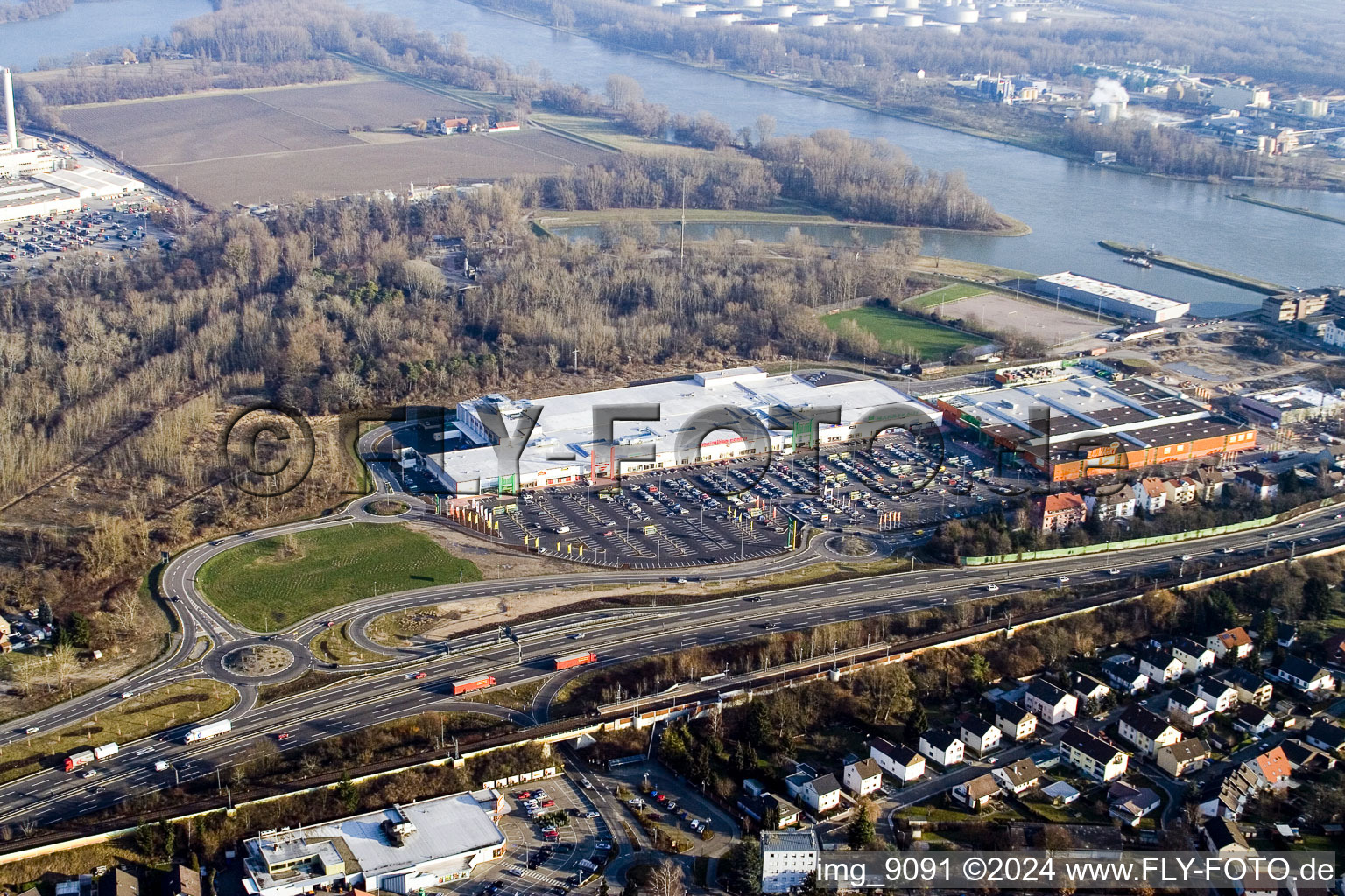 Maximilian Center in the district Maximiliansau in Wörth am Rhein in the state Rhineland-Palatinate, Germany from a drone