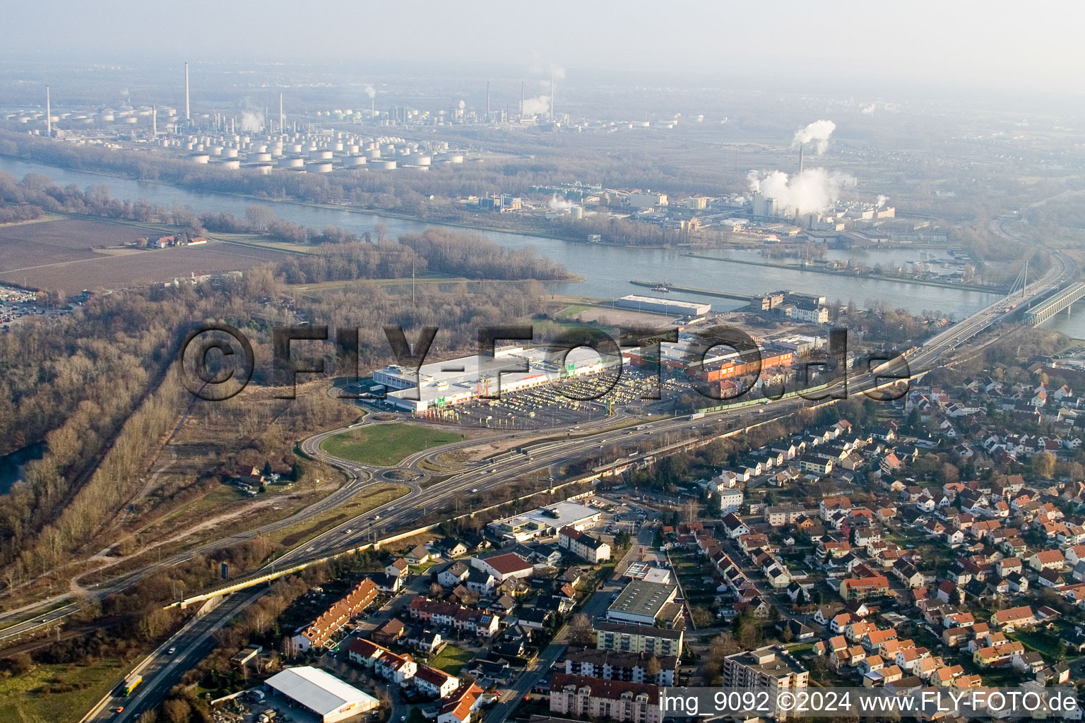 Maximilian Center in the district Maximiliansau in Wörth am Rhein in the state Rhineland-Palatinate, Germany seen from a drone