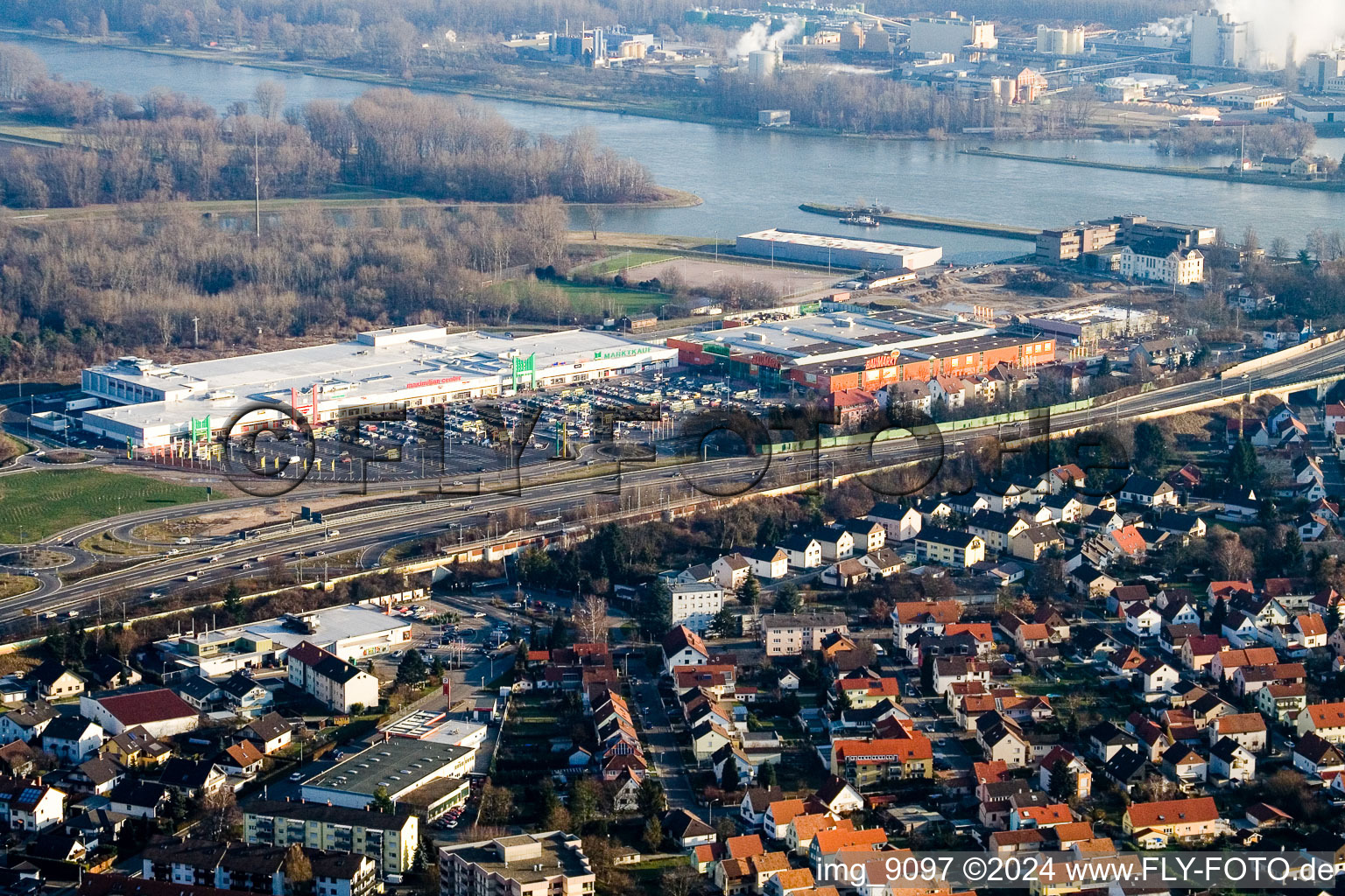 Oblique view of Maximilian Center in the district Maximiliansau in Wörth am Rhein in the state Rhineland-Palatinate, Germany