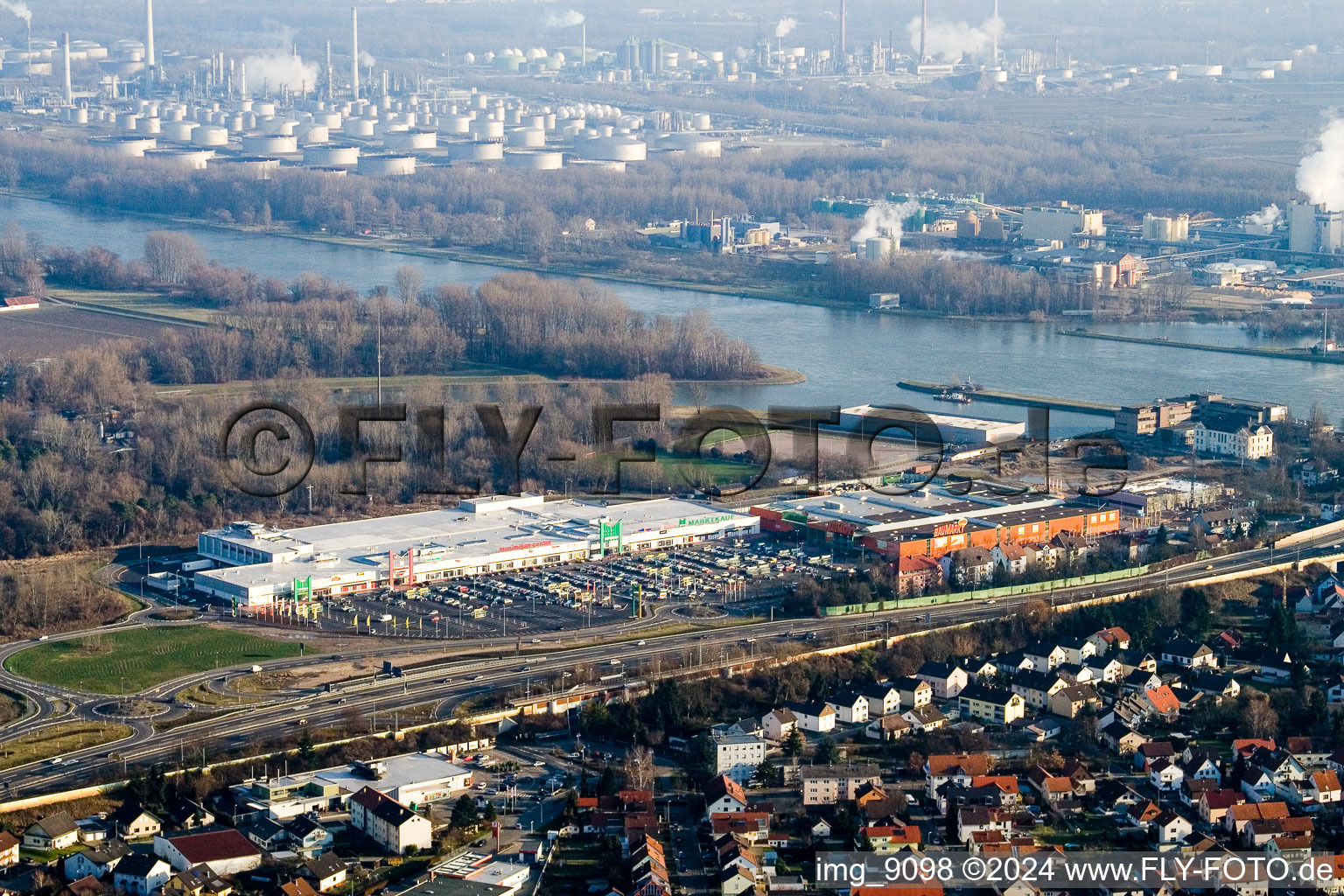 Maximilian Center in the district Maximiliansau in Wörth am Rhein in the state Rhineland-Palatinate, Germany from above