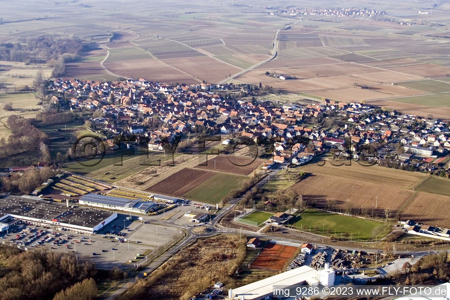 Aerial view of From the south, commercial area in Rohrbach in the state Rhineland-Palatinate, Germany