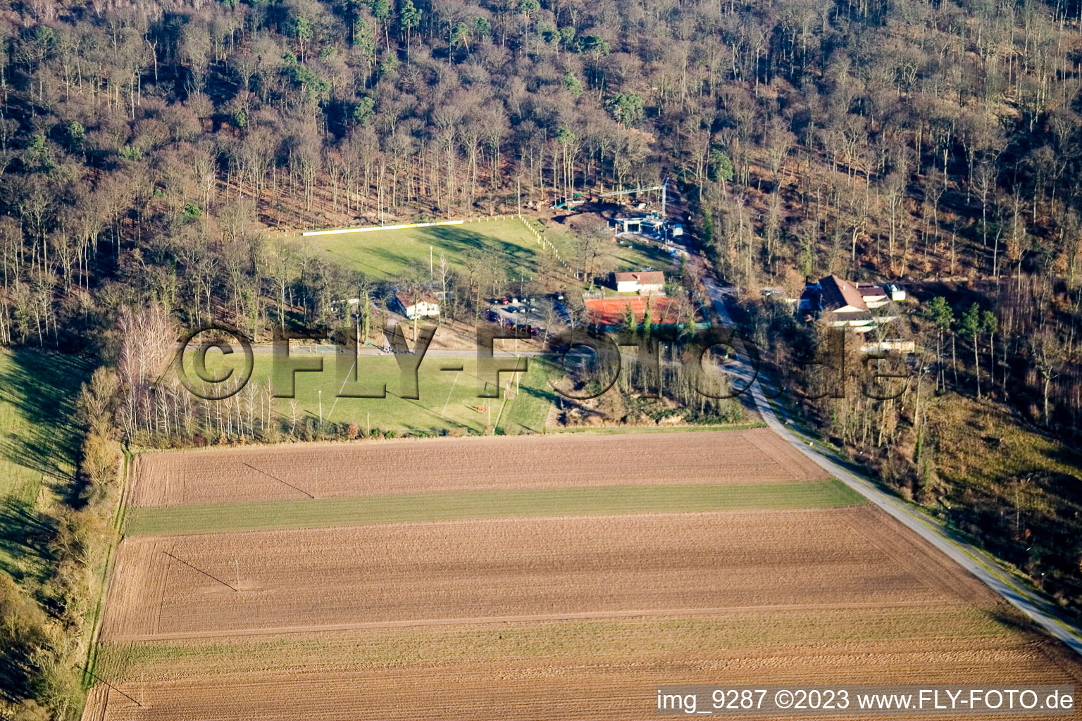 Oblique view of Sports fields in Steinweiler in the state Rhineland-Palatinate, Germany
