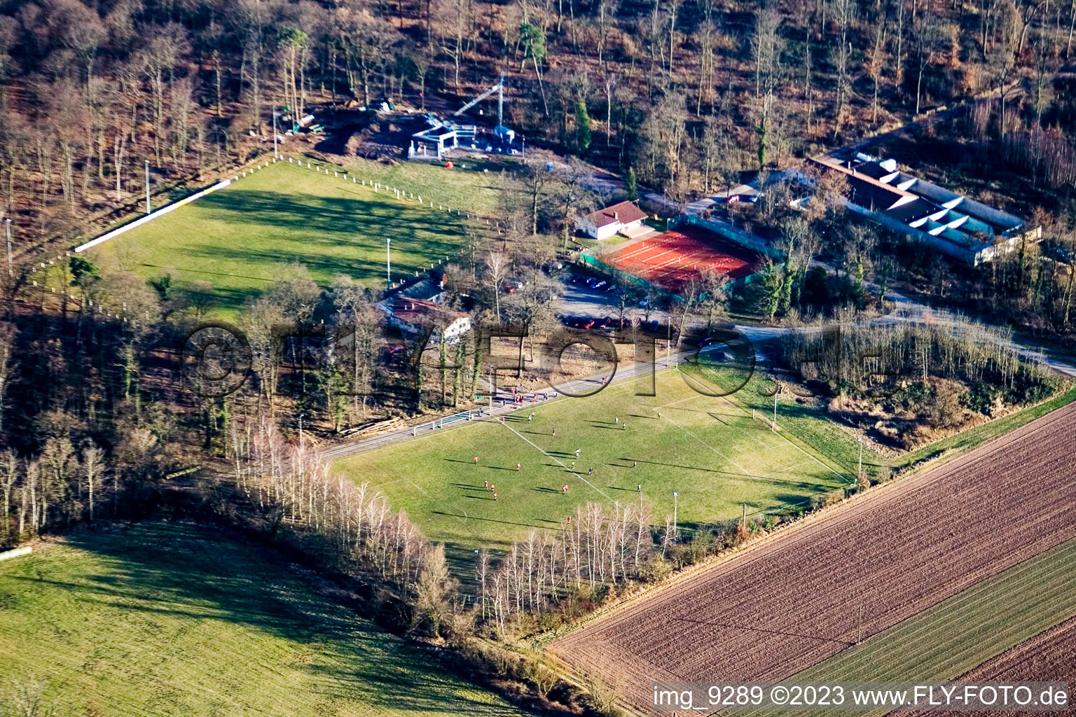 Sports fields in Steinweiler in the state Rhineland-Palatinate, Germany from above