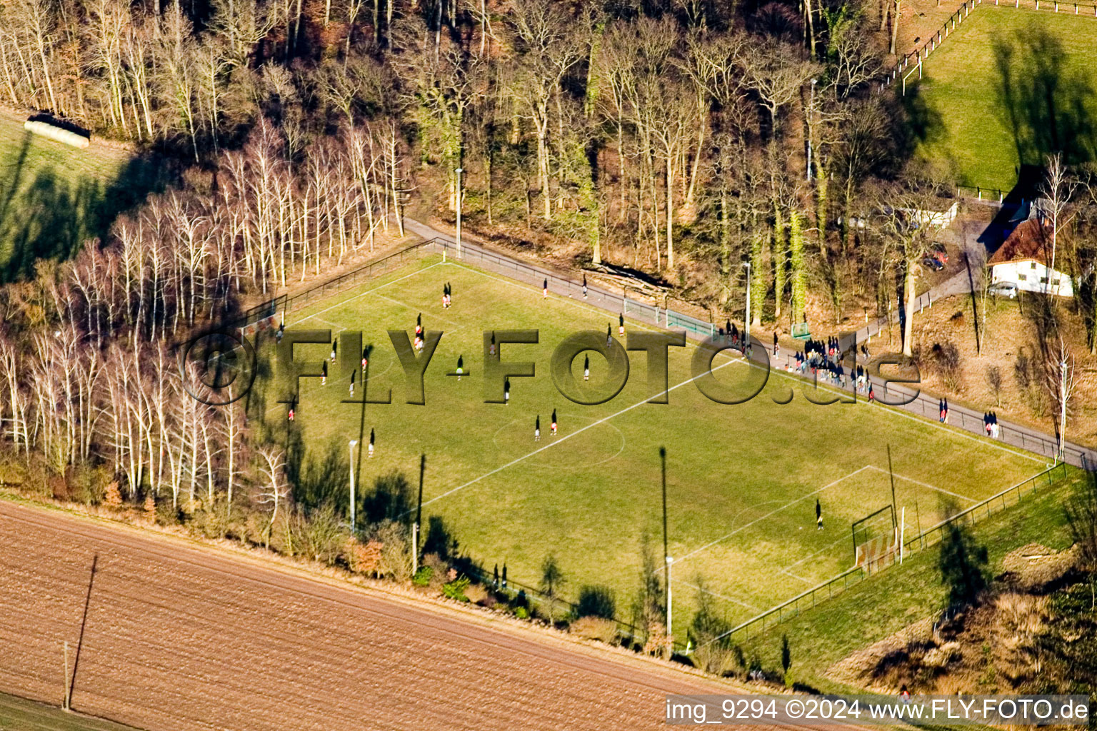 Sports fields in Steinweiler in the state Rhineland-Palatinate, Germany seen from above