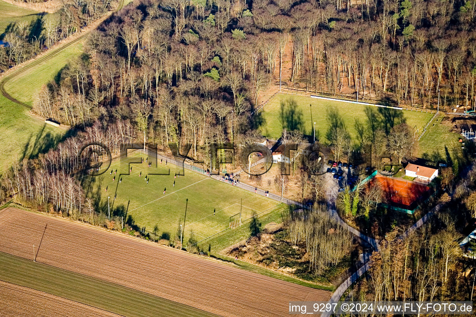 Bird's eye view of Sports fields in Steinweiler in the state Rhineland-Palatinate, Germany